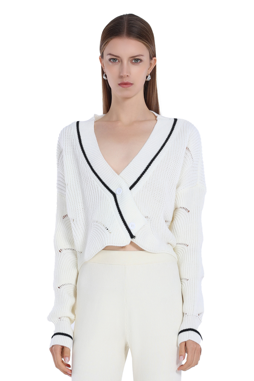 Contrast Trim Long-sleeve V-neck Hollow-out Ribbed Knitted Cropped Cardigan