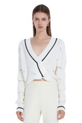 Contrast Trim Long-sleeve V-neck Hollow-out Ribbed Knitted Cropped Cardigan