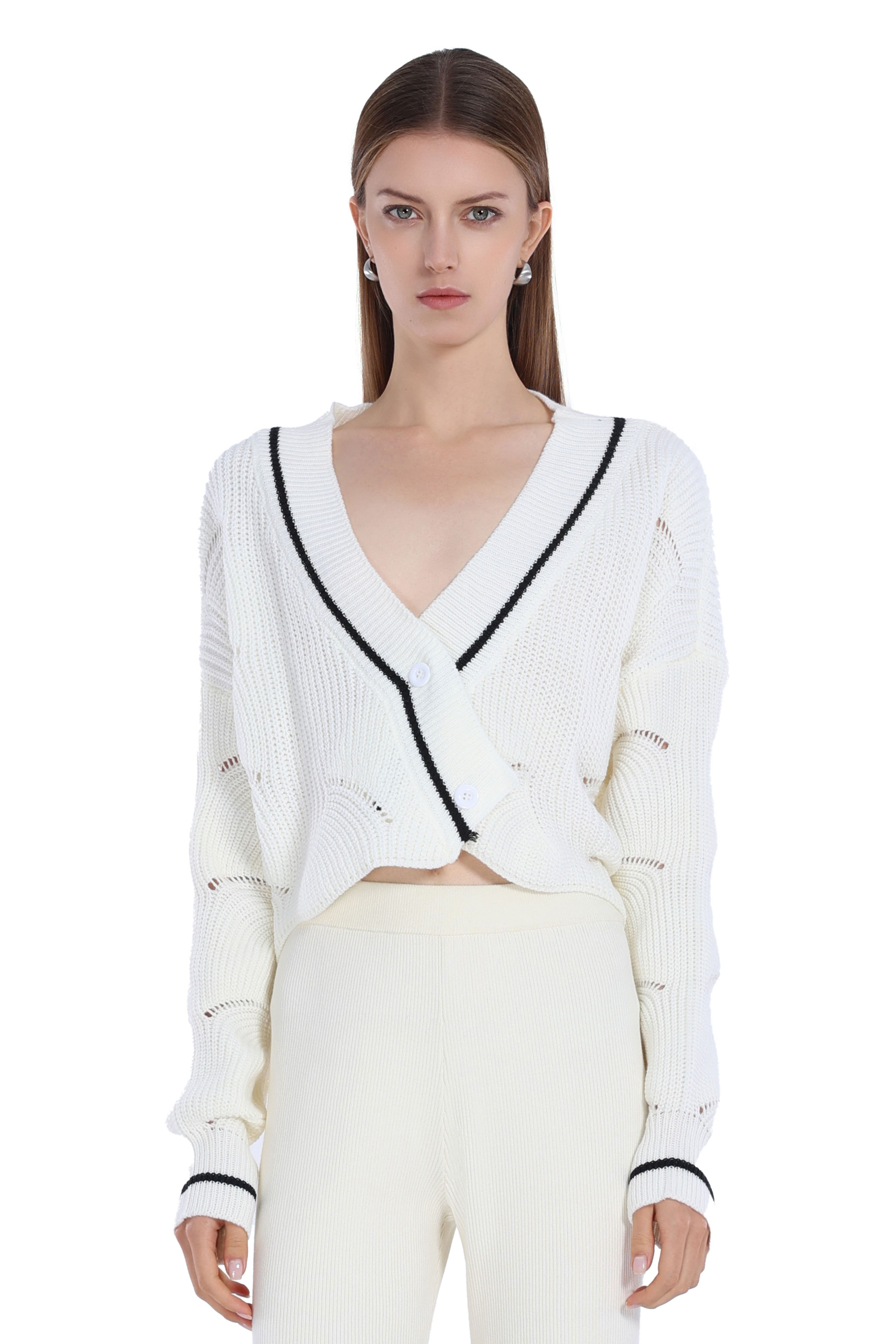 Contrast Trim Long-sleeve V-neck Hollow-out Ribbed Knitted Cropped Cardigan