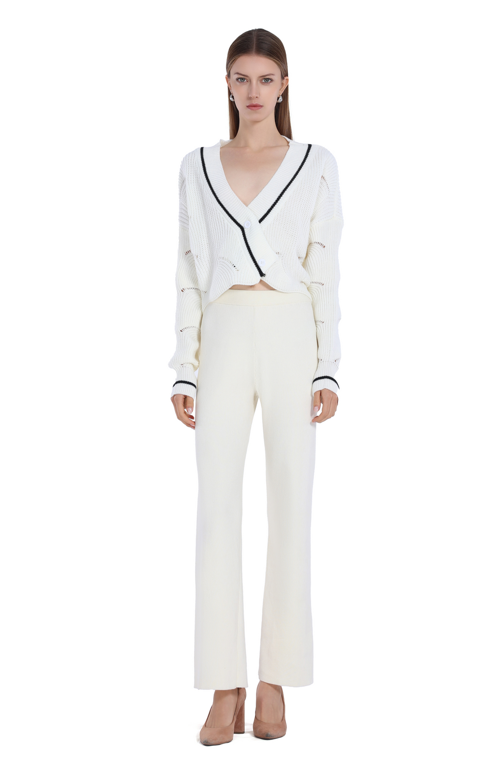 Contrast Trim Long-sleeve V-neck Hollow-out Ribbed Knitted Cropped Cardigan
