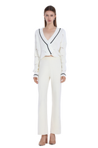 Contrast Trim Long-sleeve V-neck Hollow-out Ribbed Knitted Cropped Cardigan