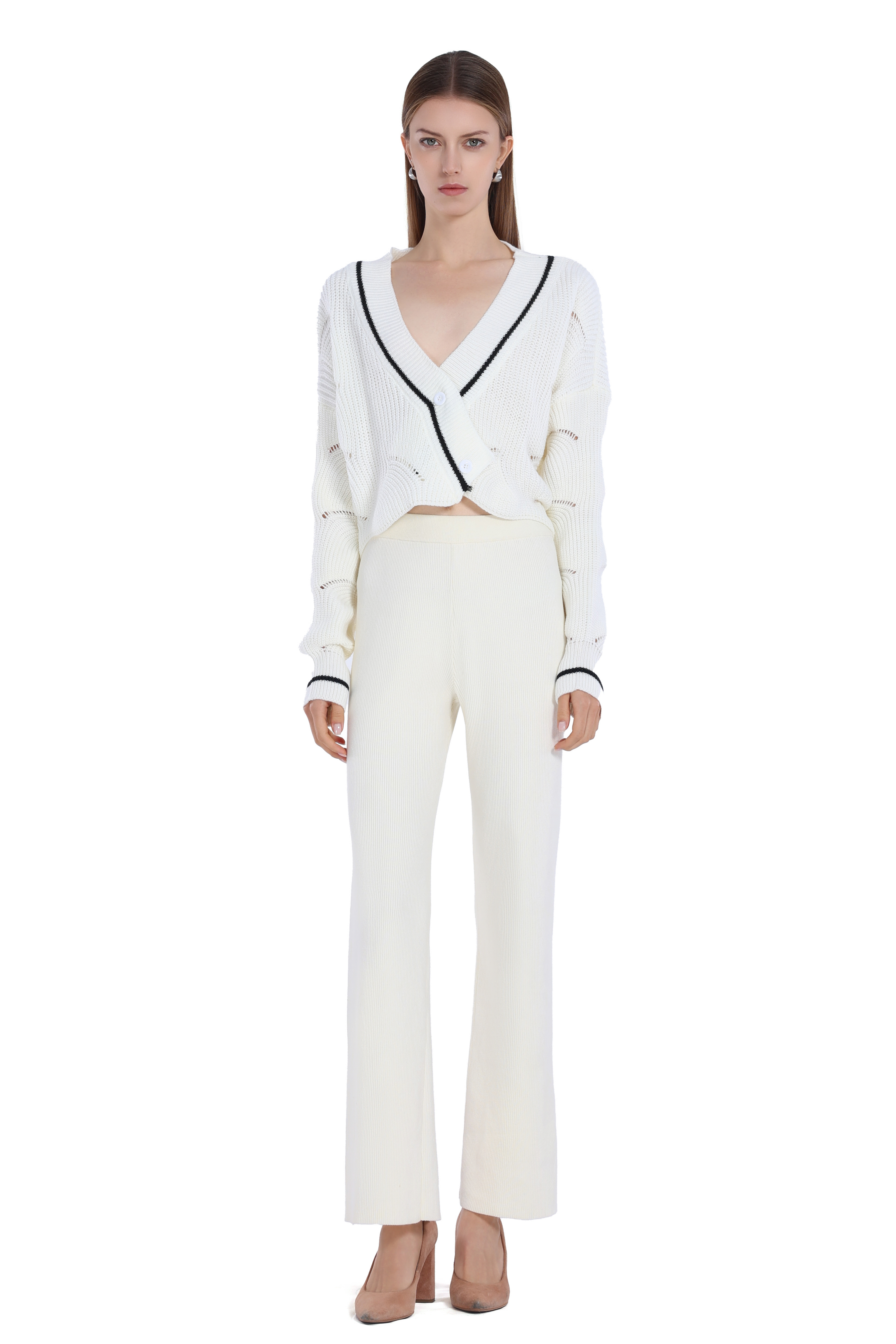 Contrast Trim Long-sleeve V-neck Hollow-out Ribbed Knitted Cropped Cardigan