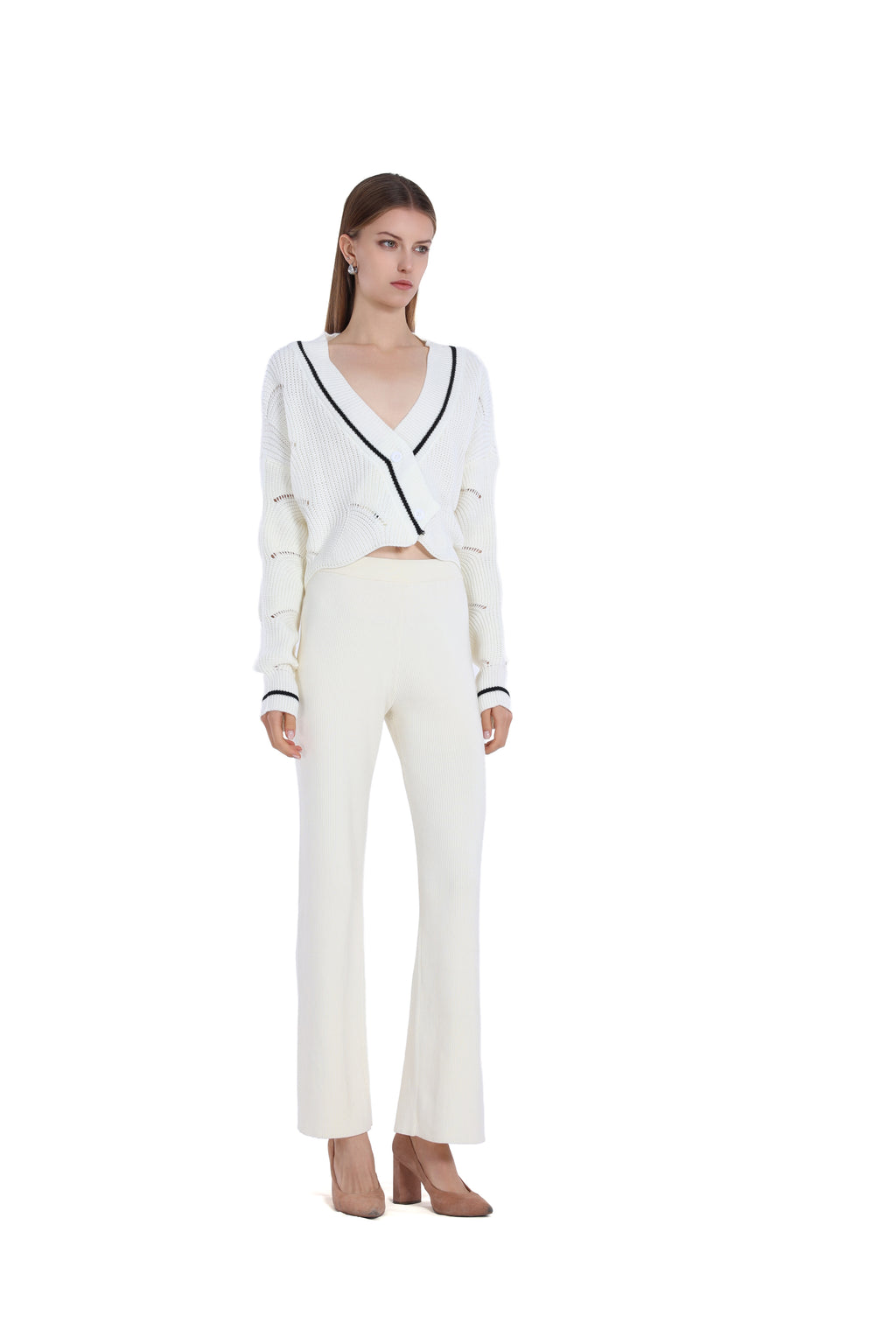 Contrast Trim Long-sleeve V-neck Hollow-out Ribbed Knitted Cropped Cardigan