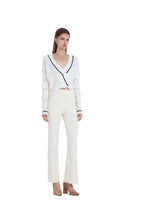 Contrast Trim Long-sleeve V-neck Hollow-out Ribbed Knitted Cropped Cardigan