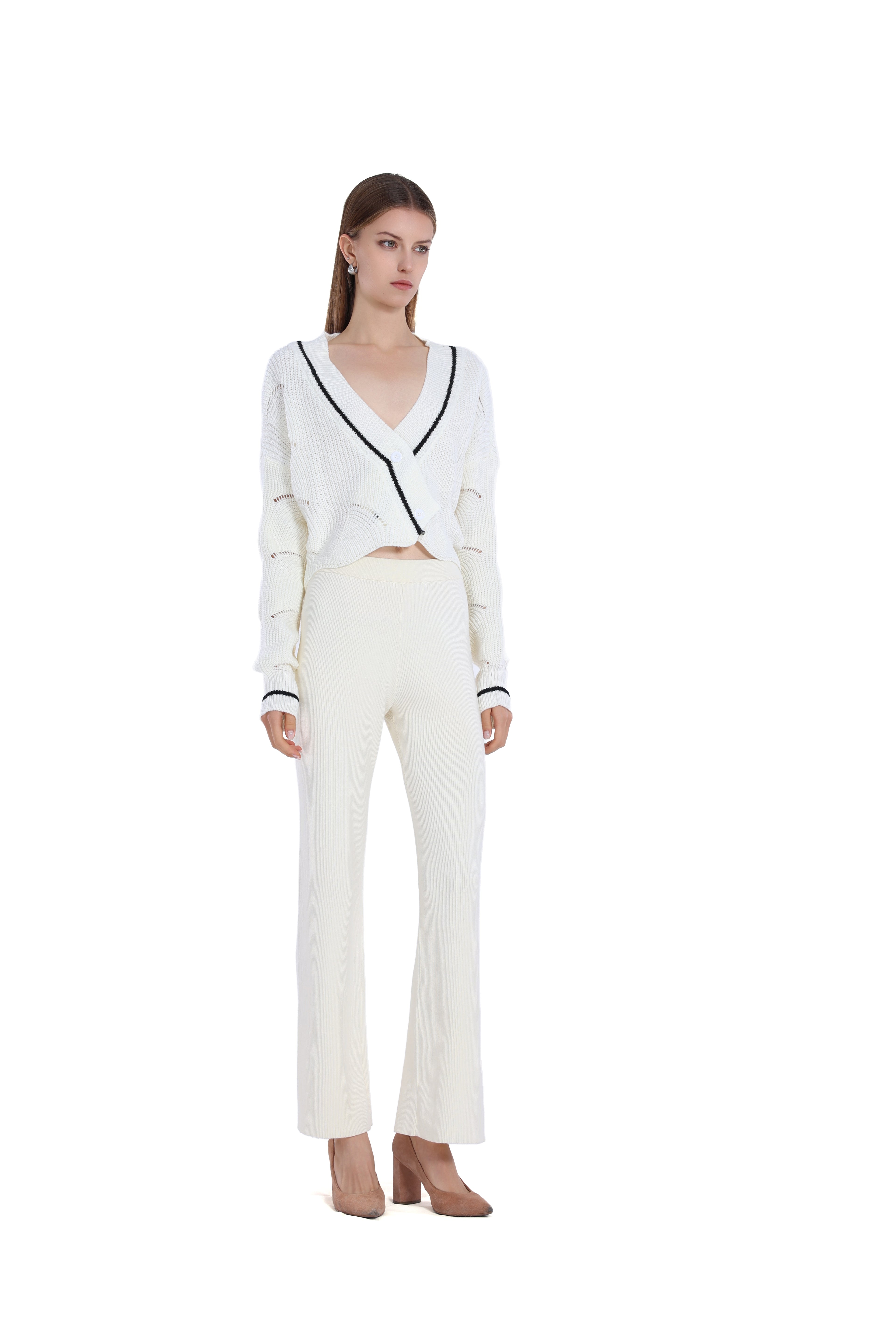 Contrast Trim Long-sleeve V-neck Hollow-out Ribbed Knitted Cropped Cardigan