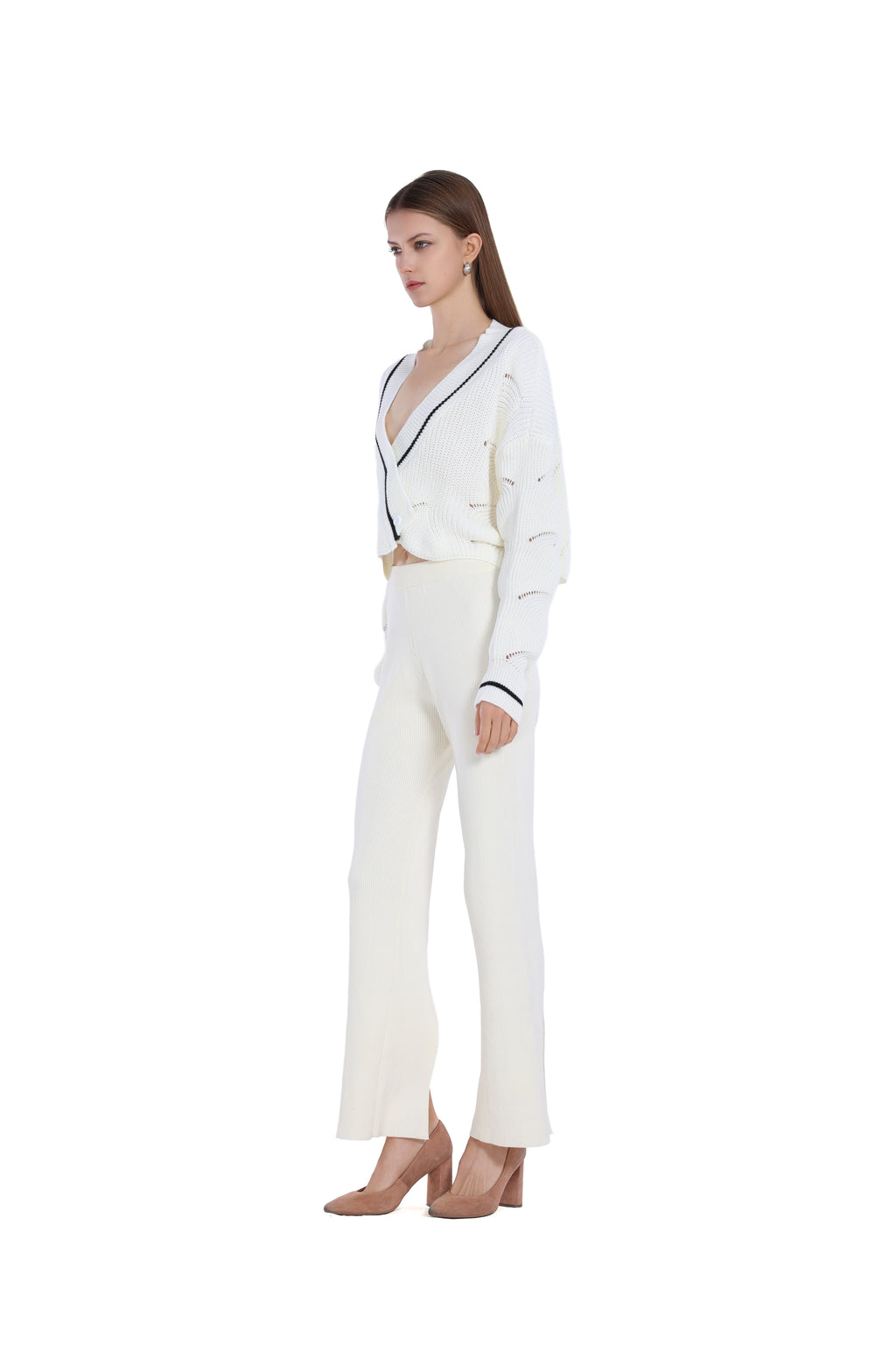 Contrast Trim Long-sleeve V-neck Hollow-out Ribbed Knitted Cropped Cardigan