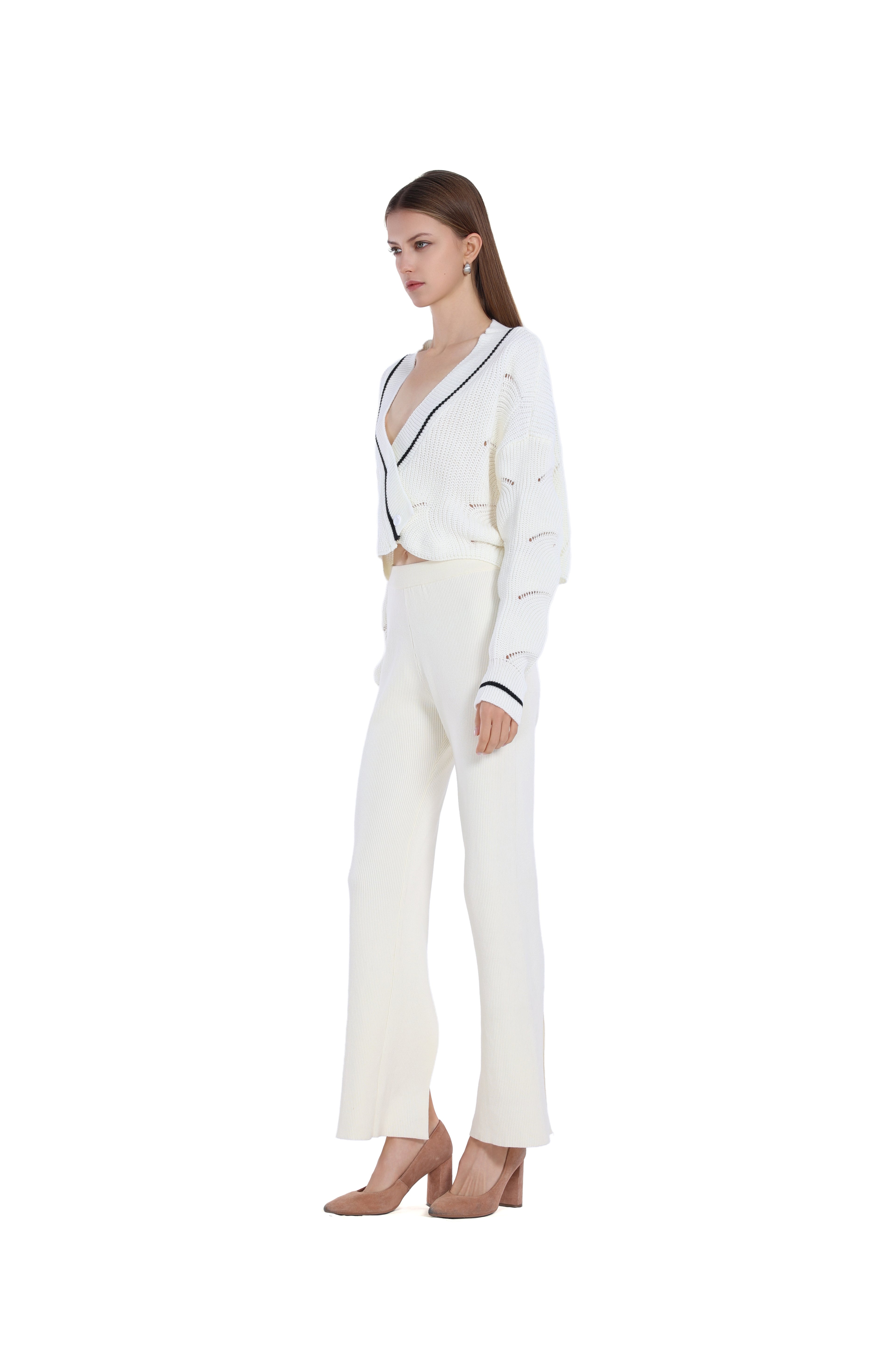 Contrast Trim Long-sleeve V-neck Hollow-out Ribbed Knitted Cropped Cardigan