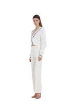 Contrast Trim Long-sleeve V-neck Hollow-out Ribbed Knitted Cropped Cardigan