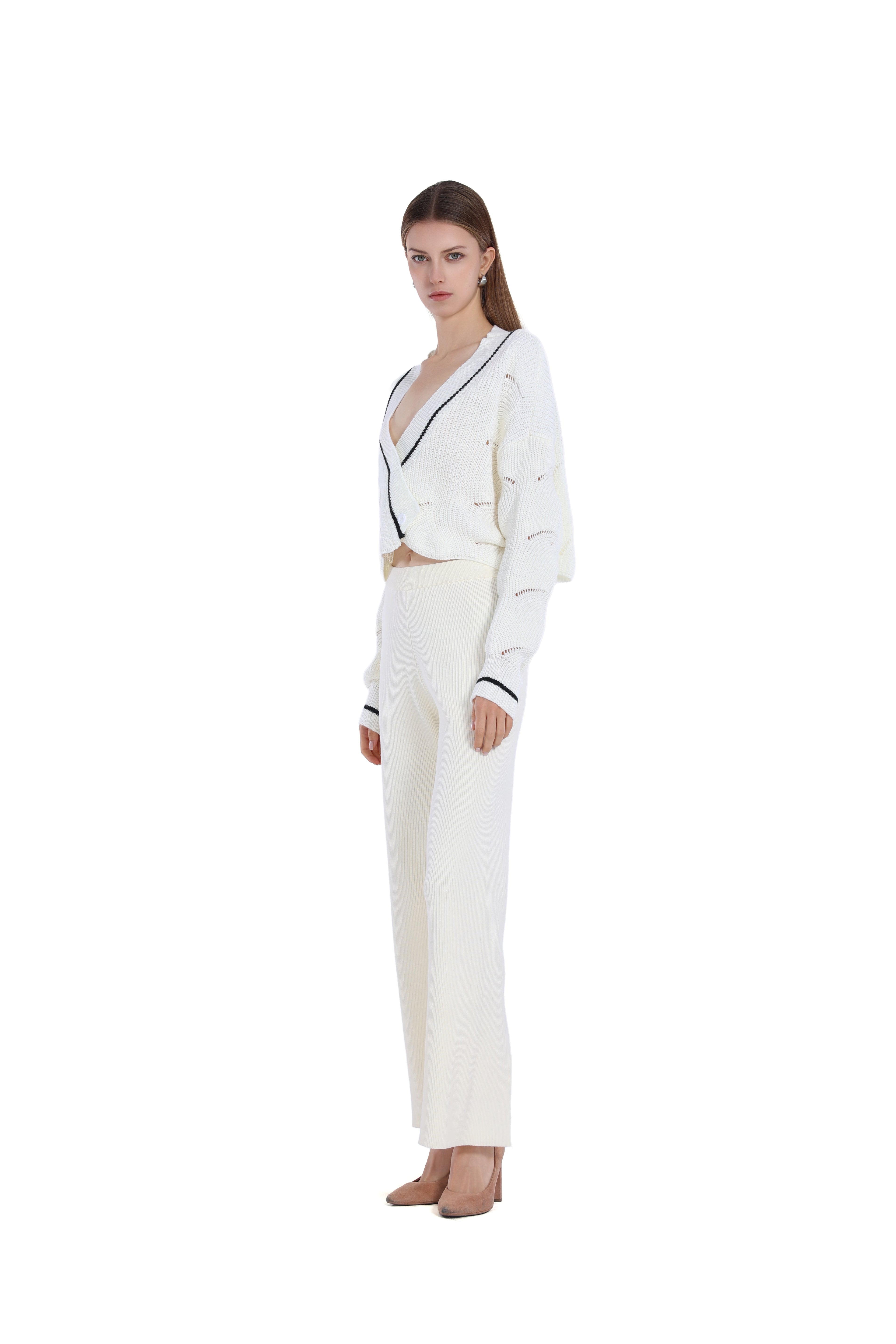Contrast Trim Long-sleeve V-neck Hollow-out Ribbed Knitted Cropped Cardigan