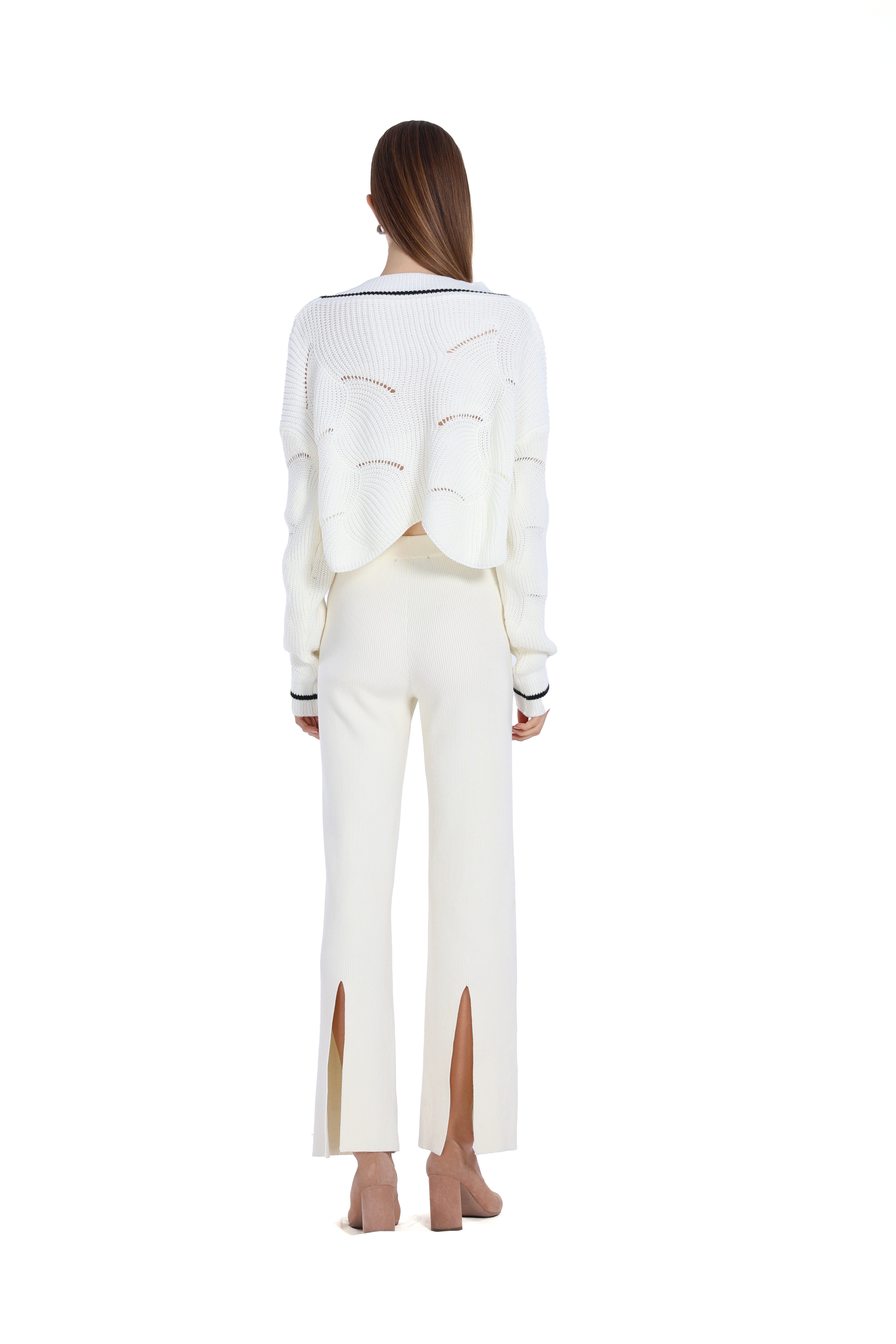 Contrast Trim Long-sleeve V-neck Hollow-out Ribbed Knitted Cropped Cardigan