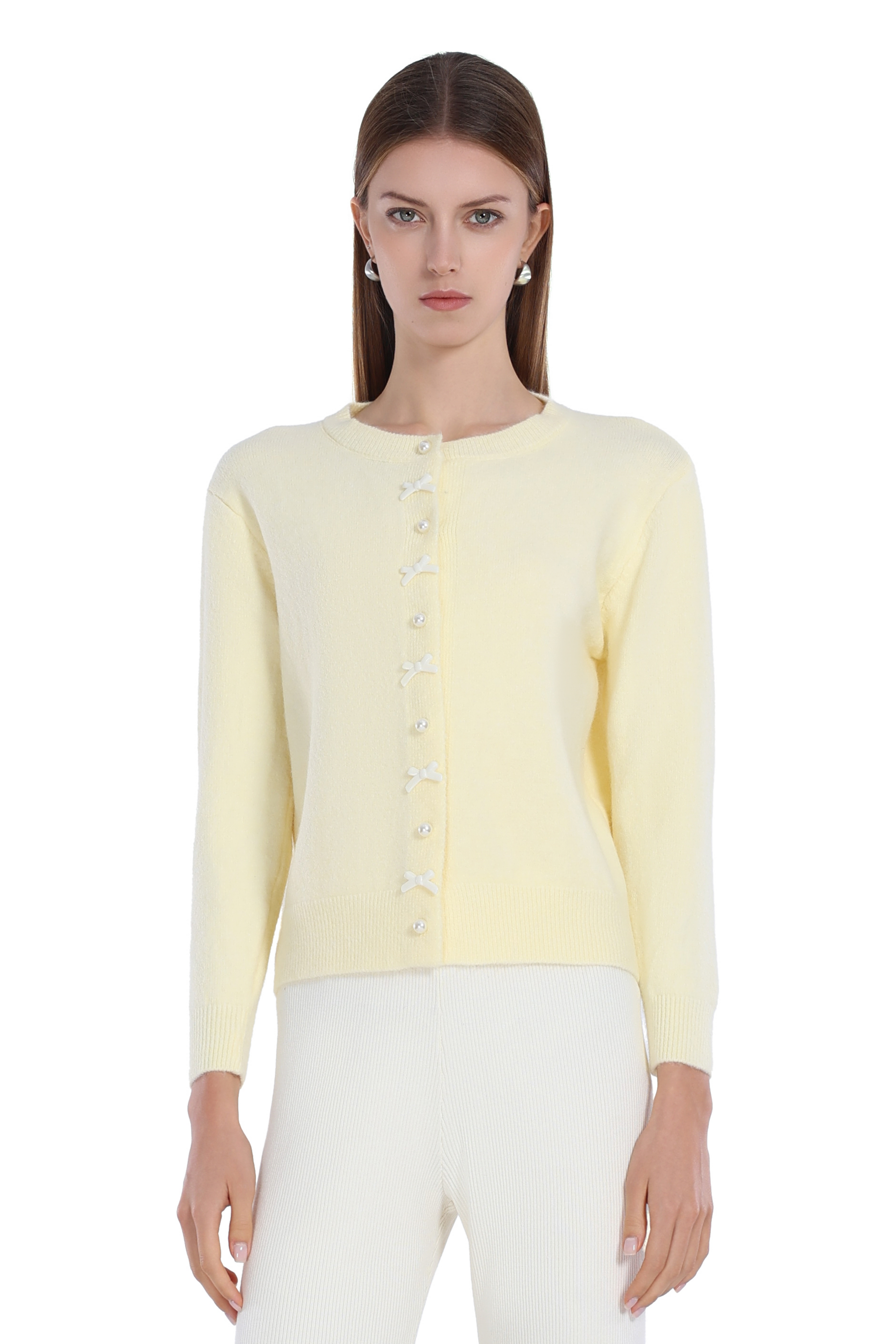Pearl Button Bow Long Sleeve Round Neck Knitted Cardigan