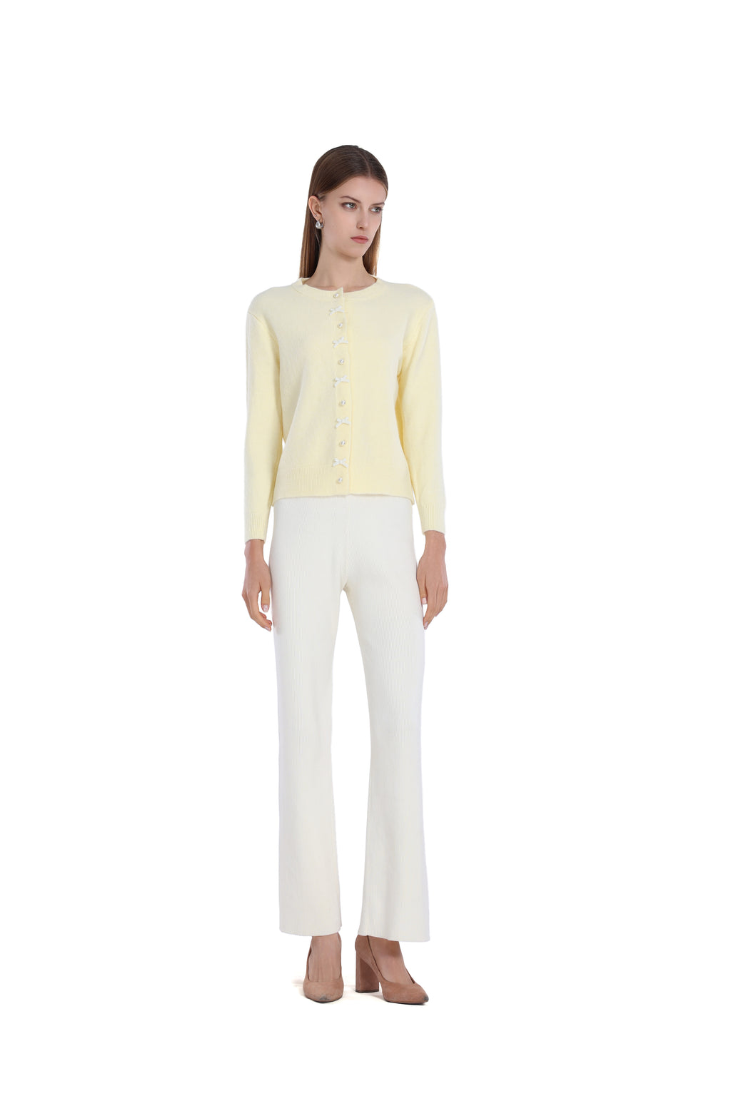 Pearl Button Bow Long Sleeve Round Neck Knitted Cardigan