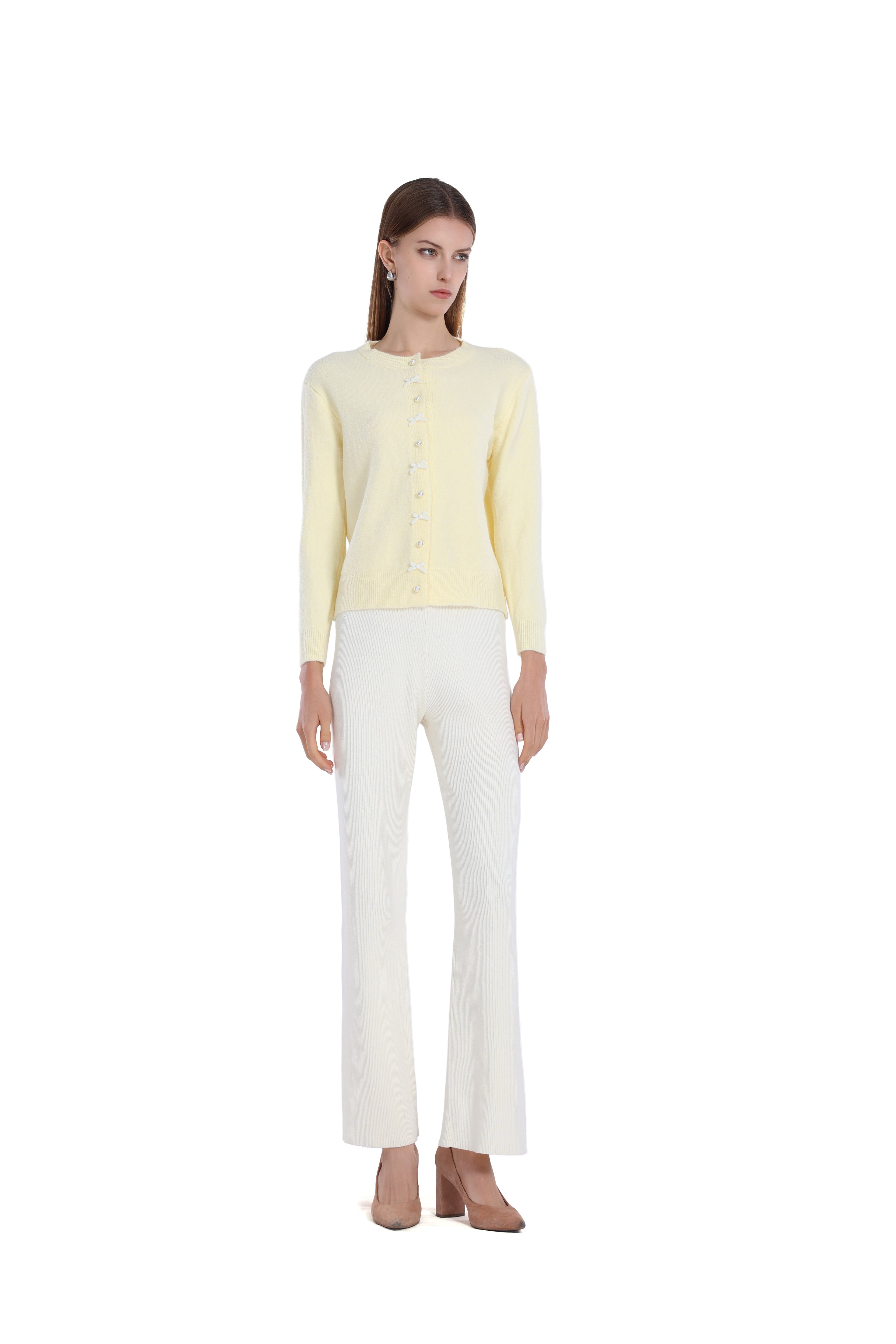 Pearl Button Bow Long Sleeve Round Neck Knitted Cardigan