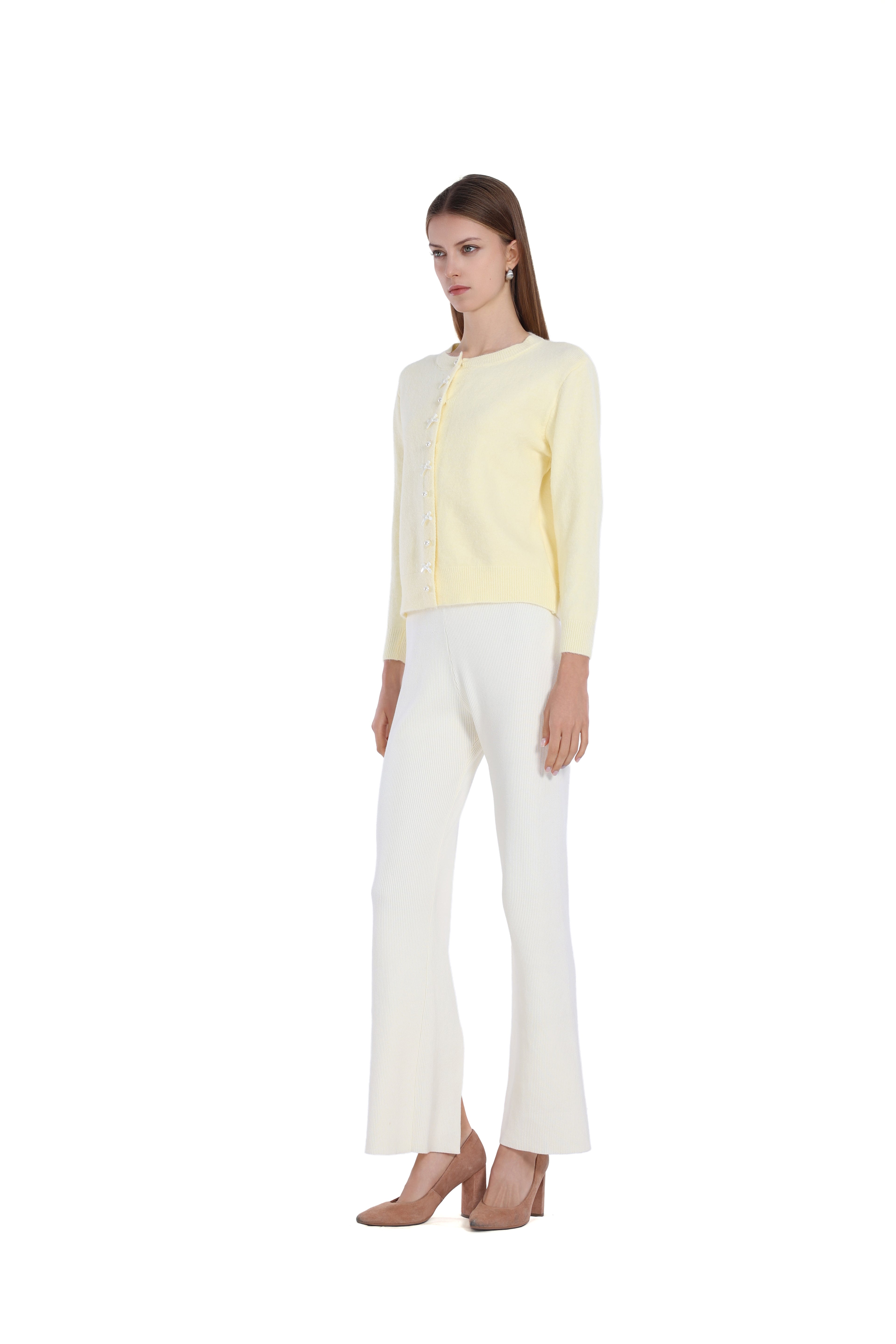 Pearl Button Bow Long Sleeve Round Neck Knitted Cardigan