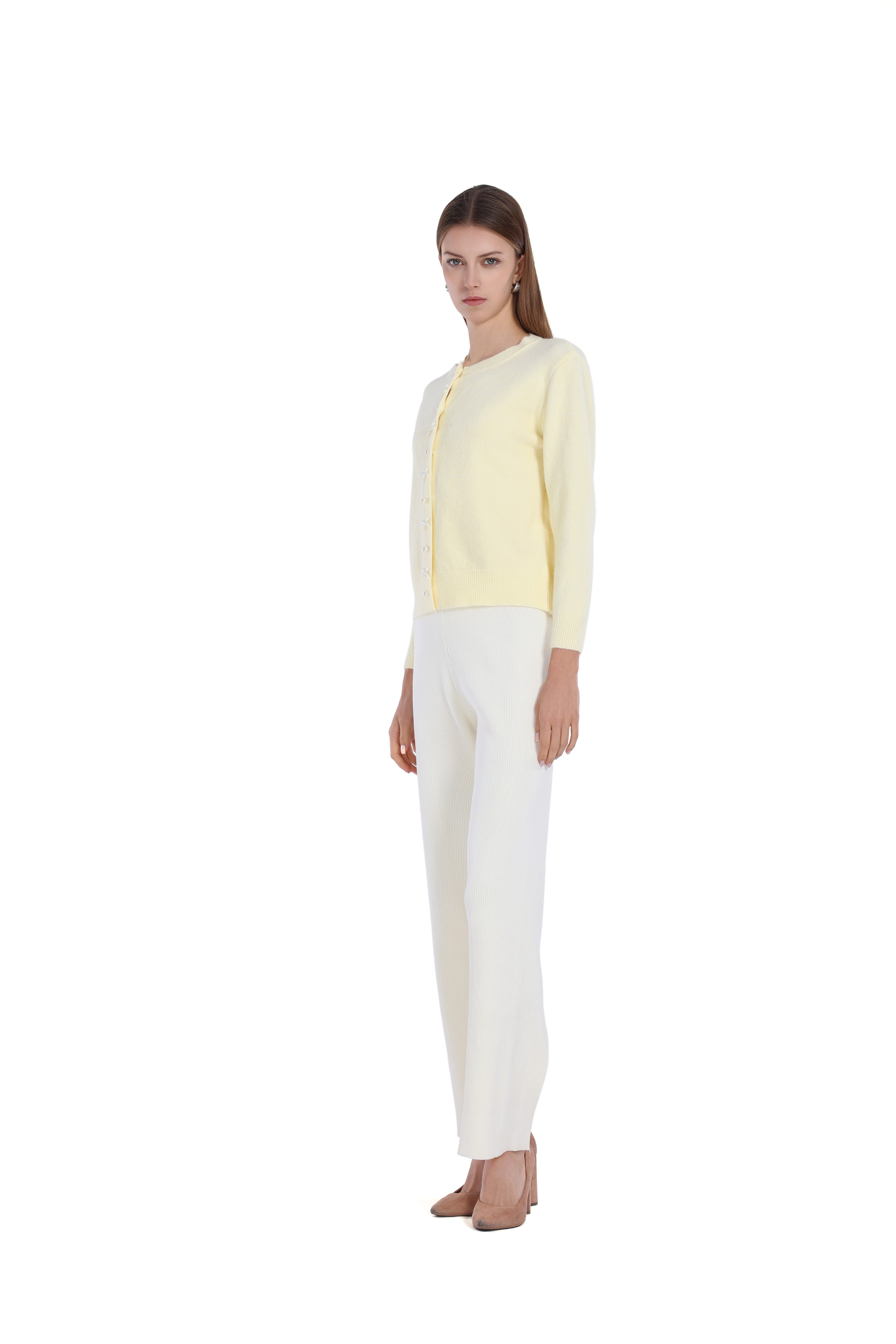 Pearl Button Bow Long Sleeve Round Neck Knitted Cardigan