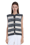 Sleeveless Striped Wooden Button Full Placket Knitted Vest