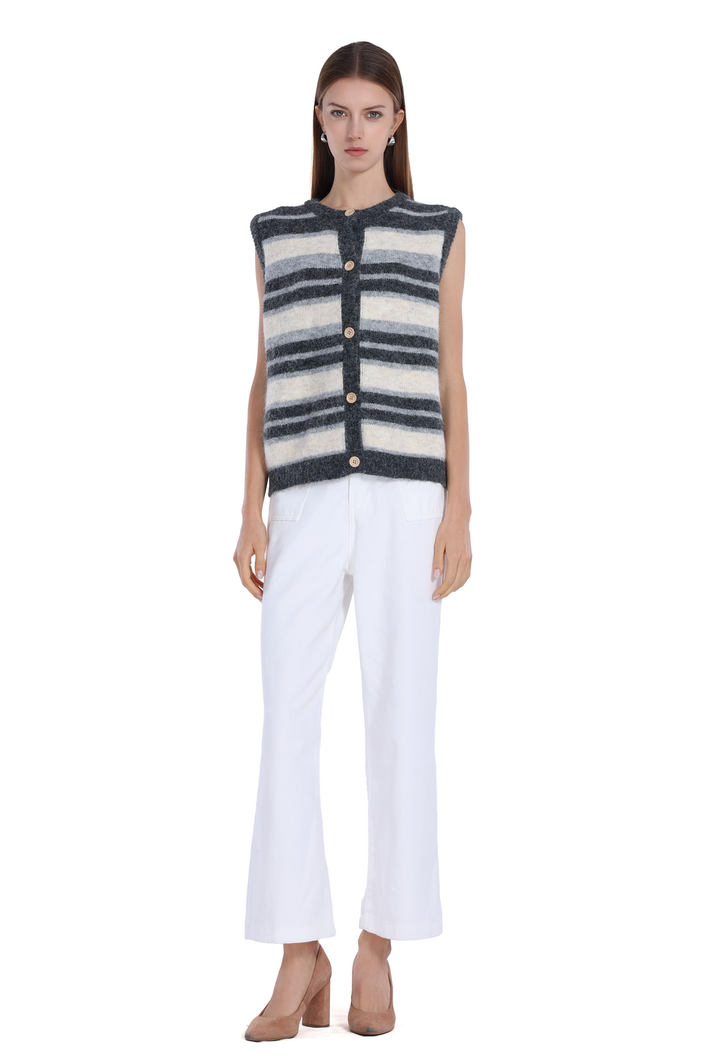 Sleeveless Striped Wooden Button Full Placket Knitted Vest
