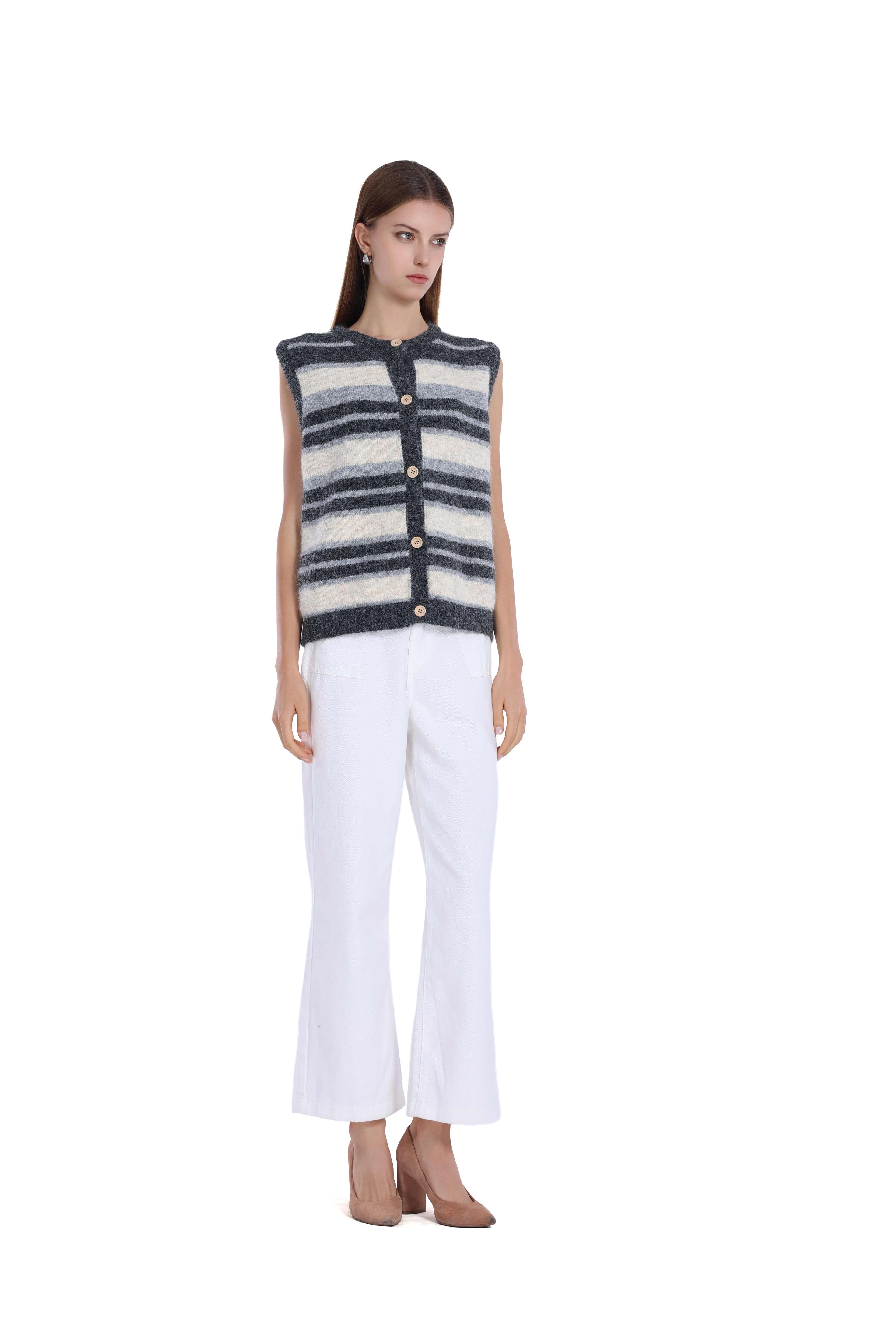 Sleeveless Striped Wooden Button Full Placket Knitted Vest