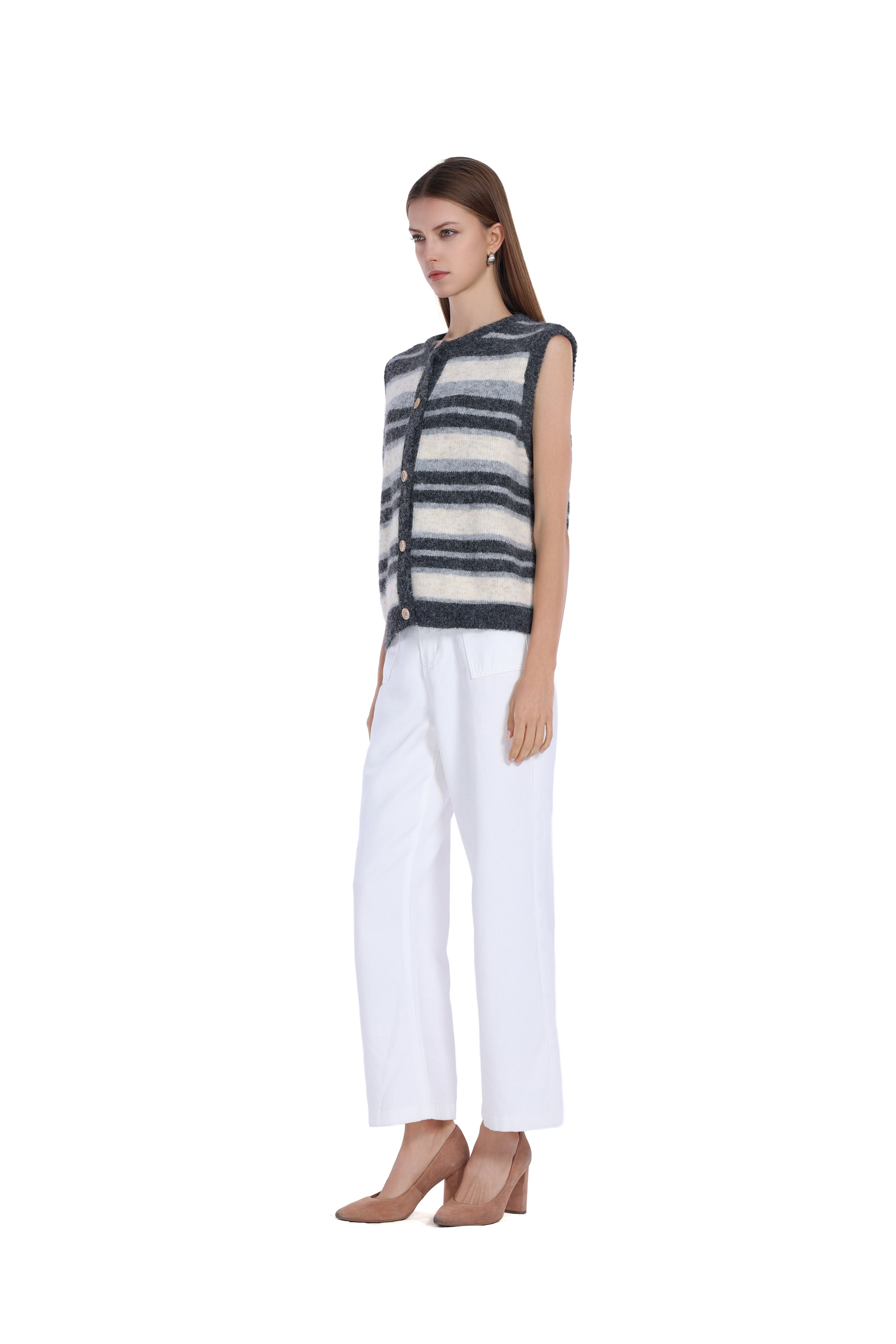 Sleeveless Striped Wooden Button Full Placket Knitted Vest