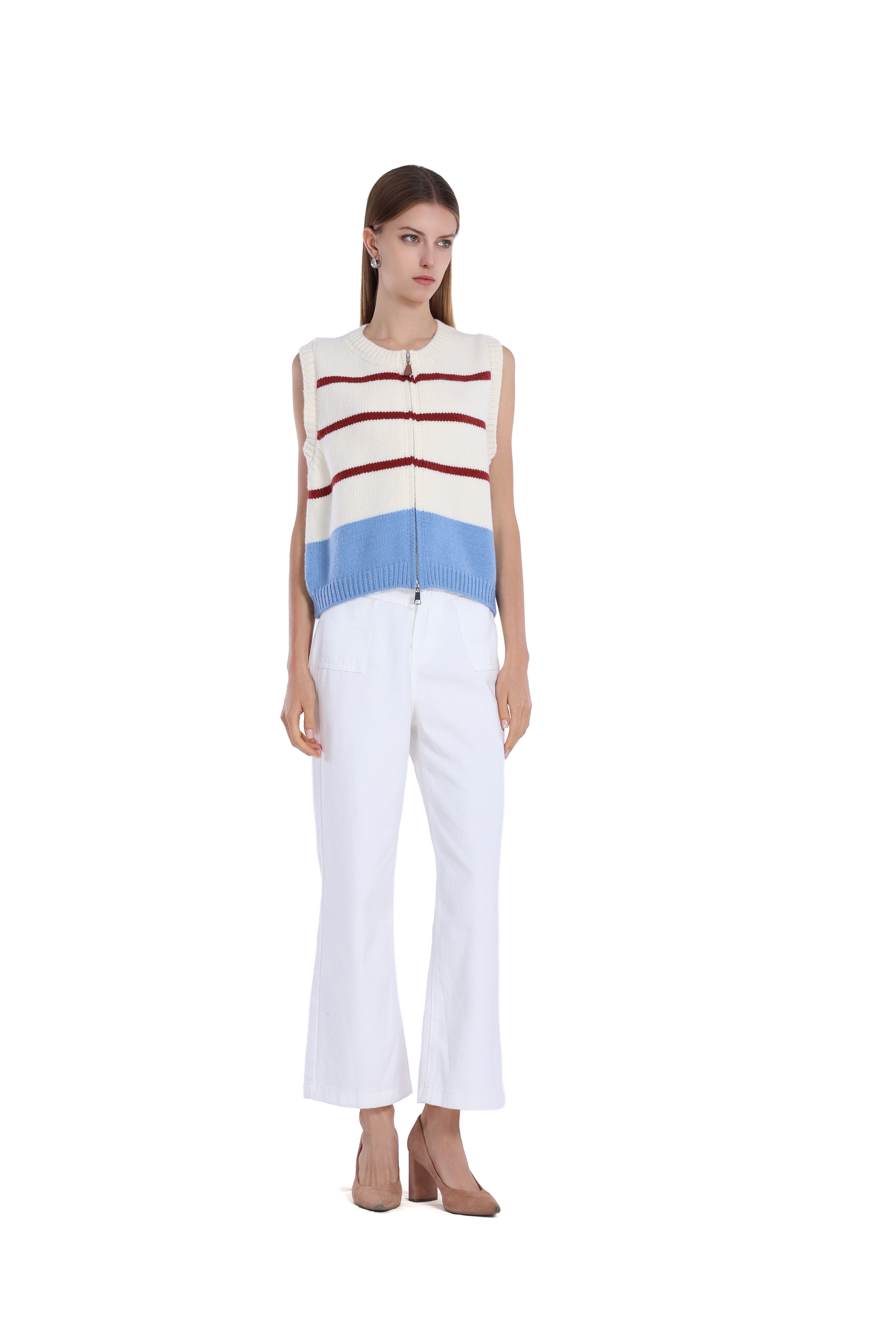 Sleeveless Striped Ribbed Zipper Full Placket Knitted Vest