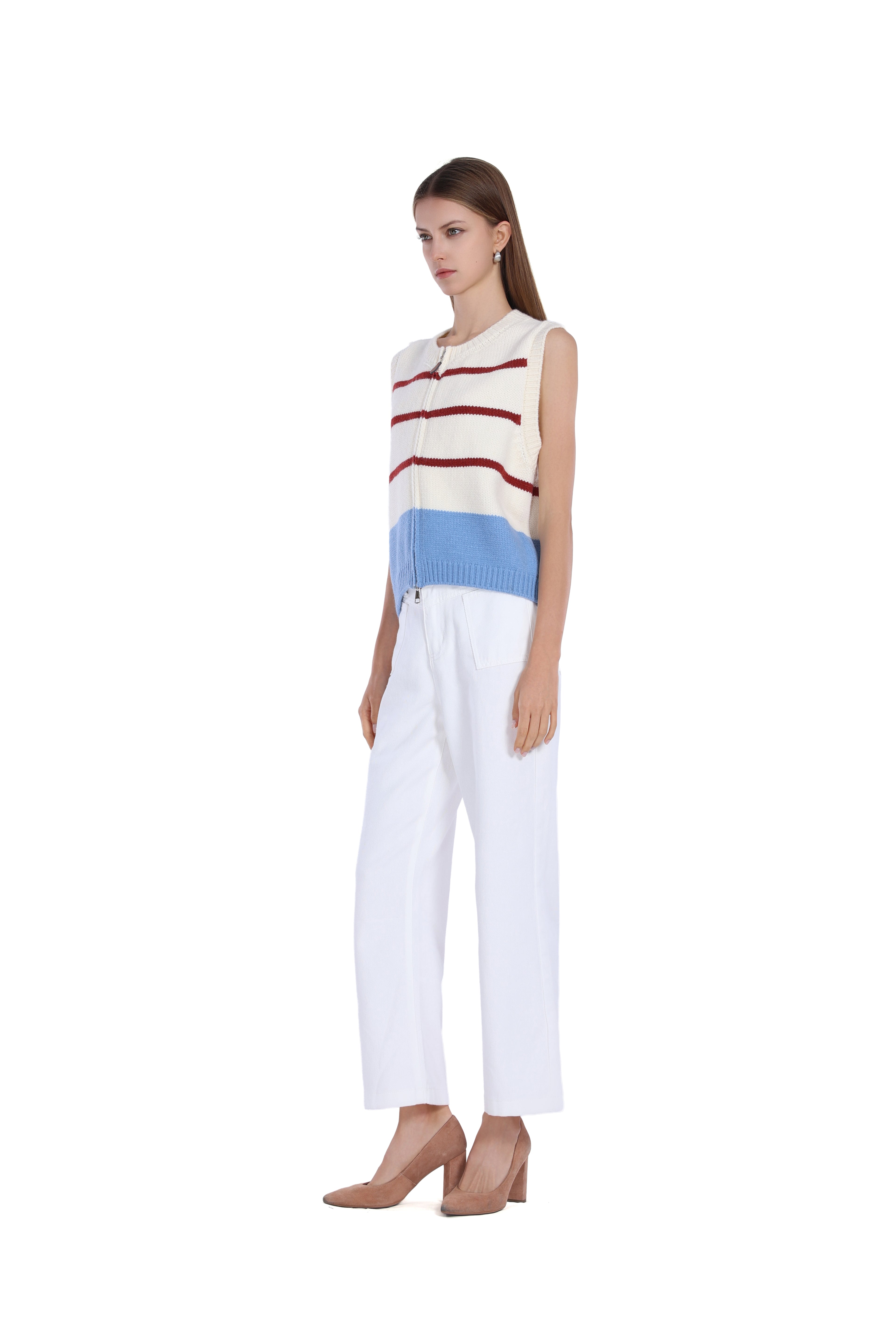 Sleeveless Striped Ribbed Zipper Full Placket Knitted Vest