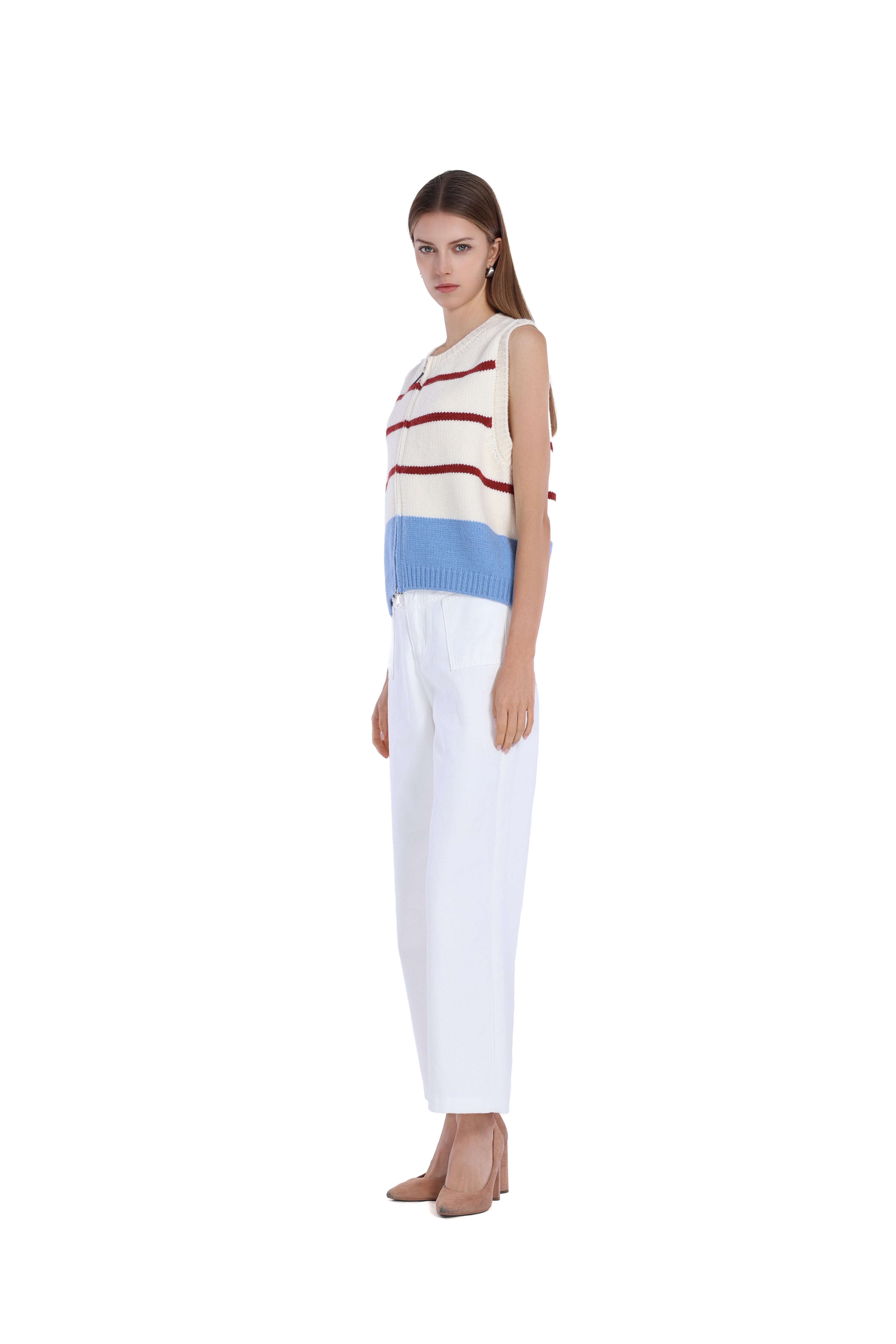 Sleeveless Striped Ribbed Zipper Full Placket Knitted Vest