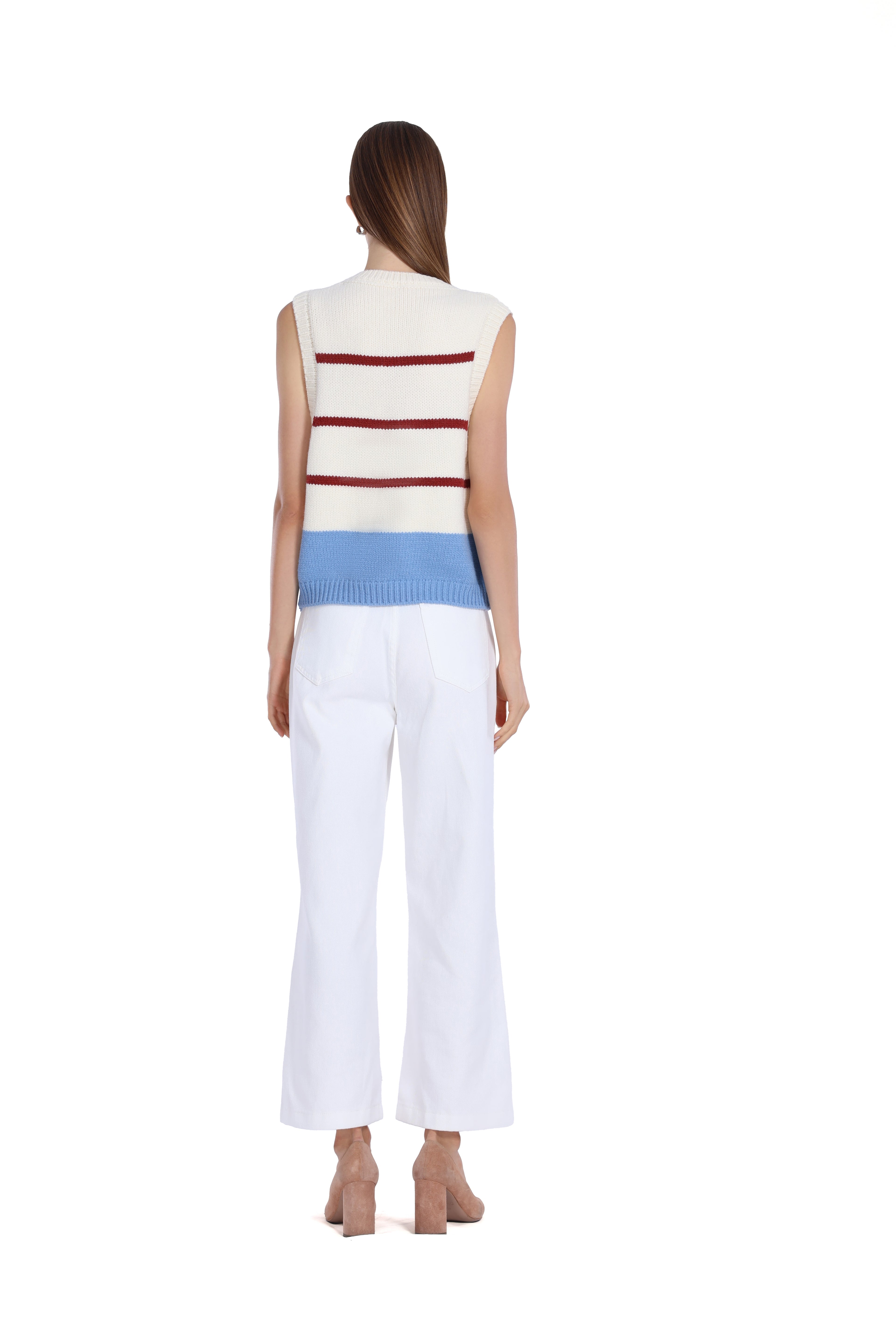 Sleeveless Striped Ribbed Zipper Full Placket Knitted Vest