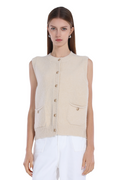 Sleeveless Ribbed Button Full Placket Patch Pockets Knitted Vest