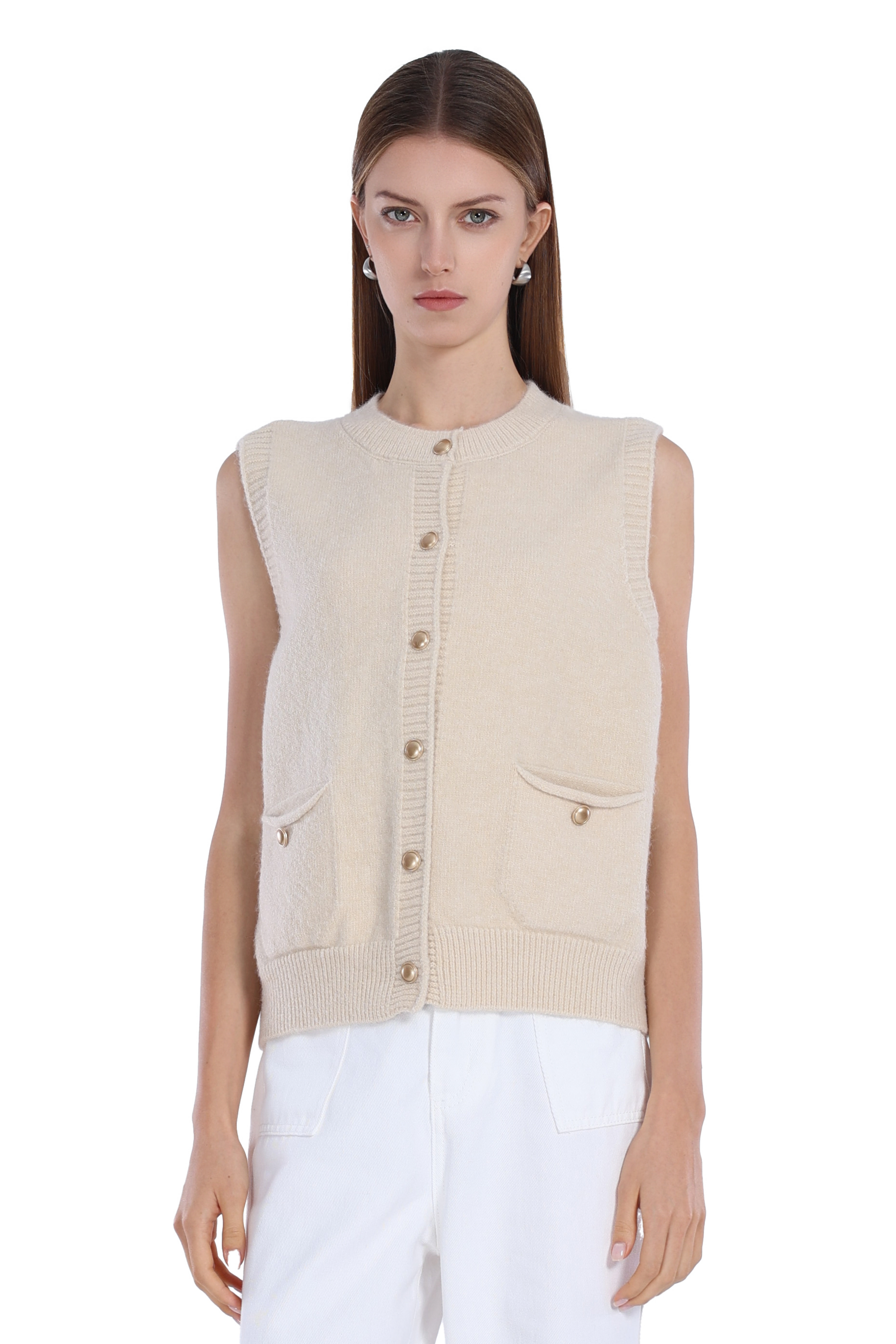 Sleeveless Ribbed Button Full Placket Patch Pockets Knitted Vest