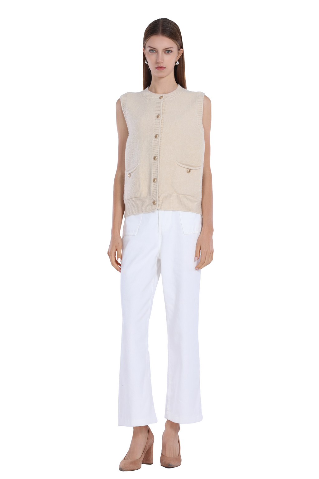 Sleeveless Ribbed Button Full Placket Patch Pockets Knitted Vest
