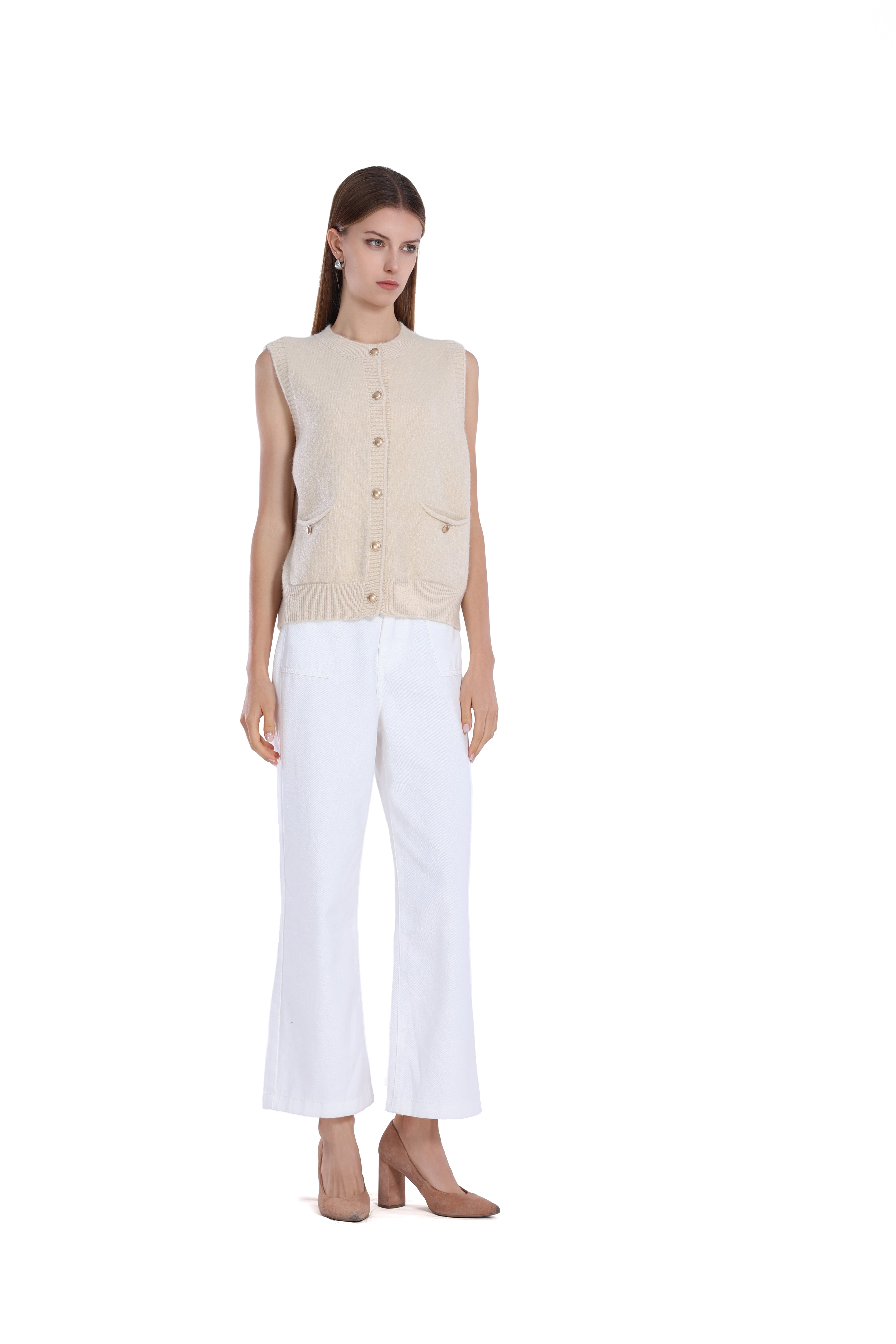 Sleeveless Ribbed Button Full Placket Patch Pockets Knitted Vest