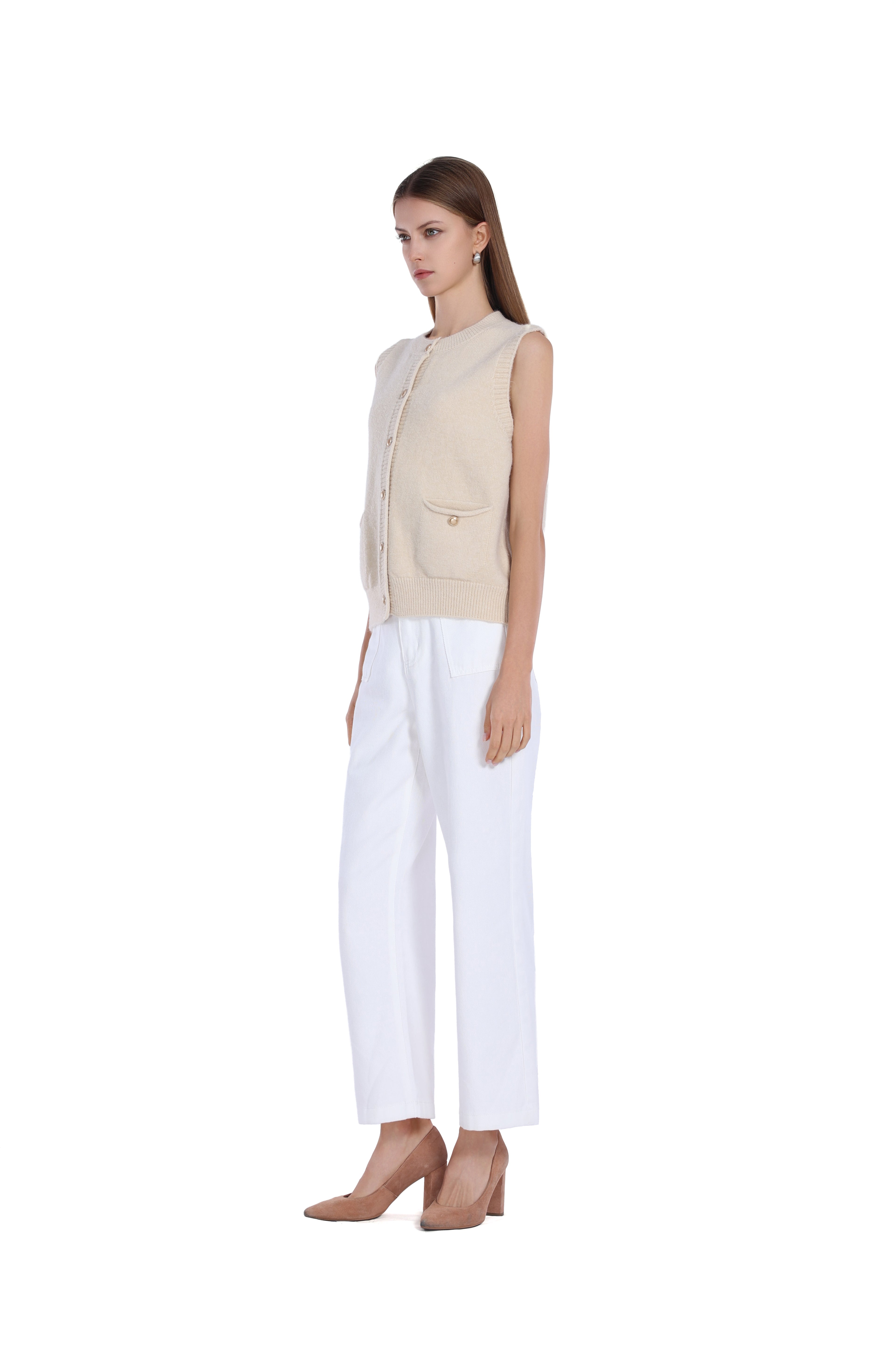 Sleeveless Ribbed Button Full Placket Patch Pockets Knitted Vest