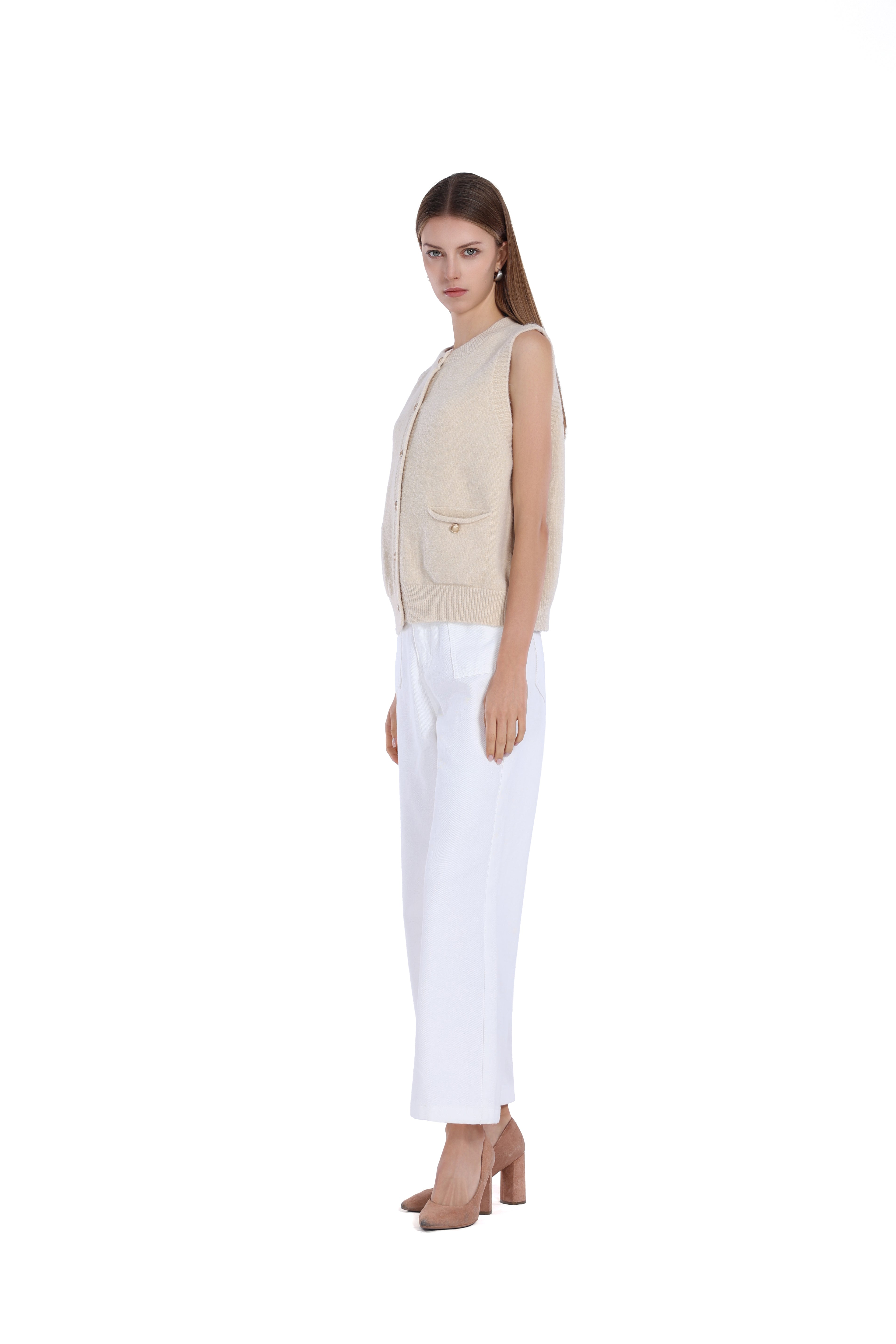 Sleeveless Ribbed Button Full Placket Patch Pockets Knitted Vest