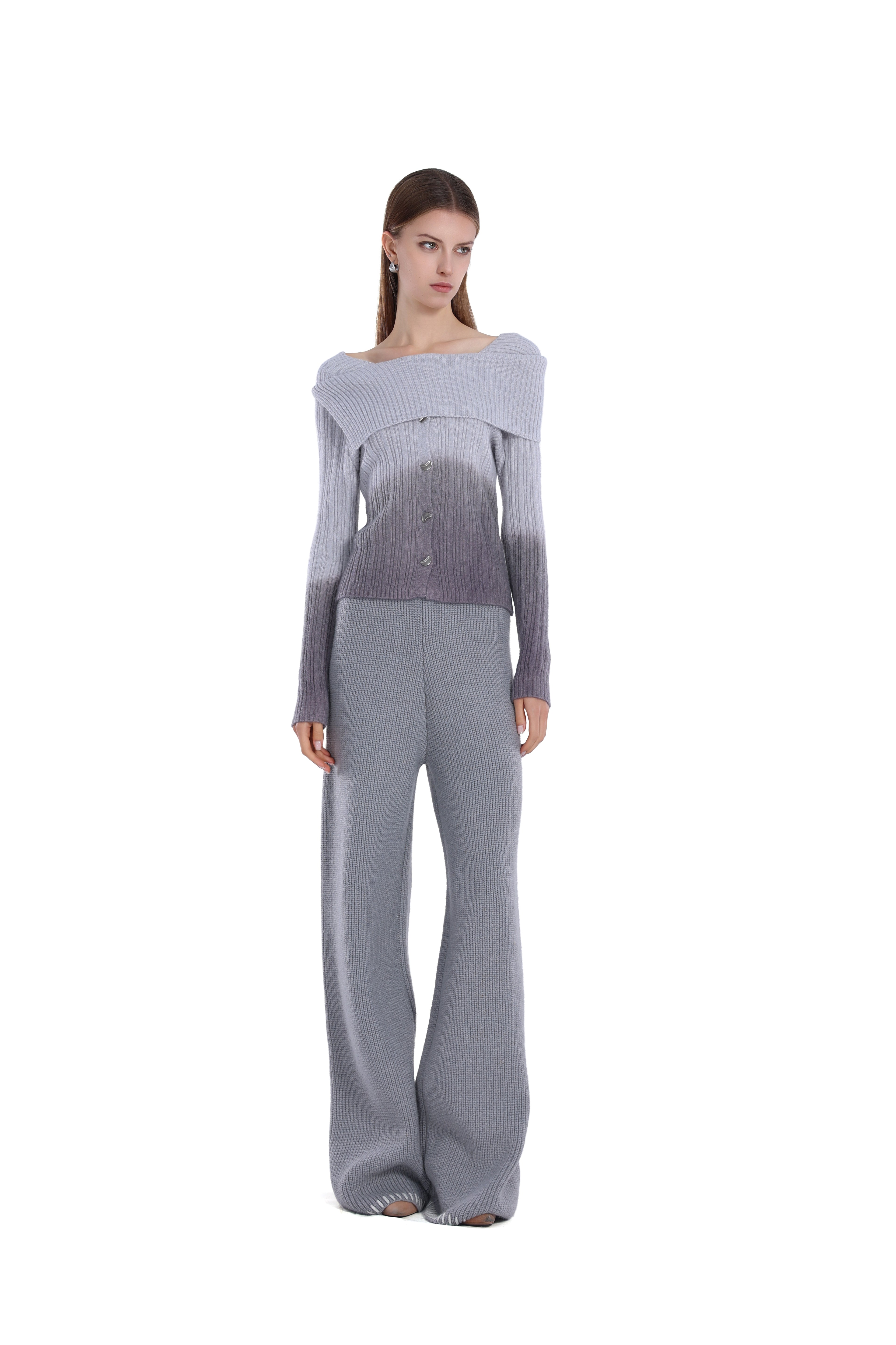 Off-shoulder Turn-down Collar Gradient Lunar Button Long-sleeve Top