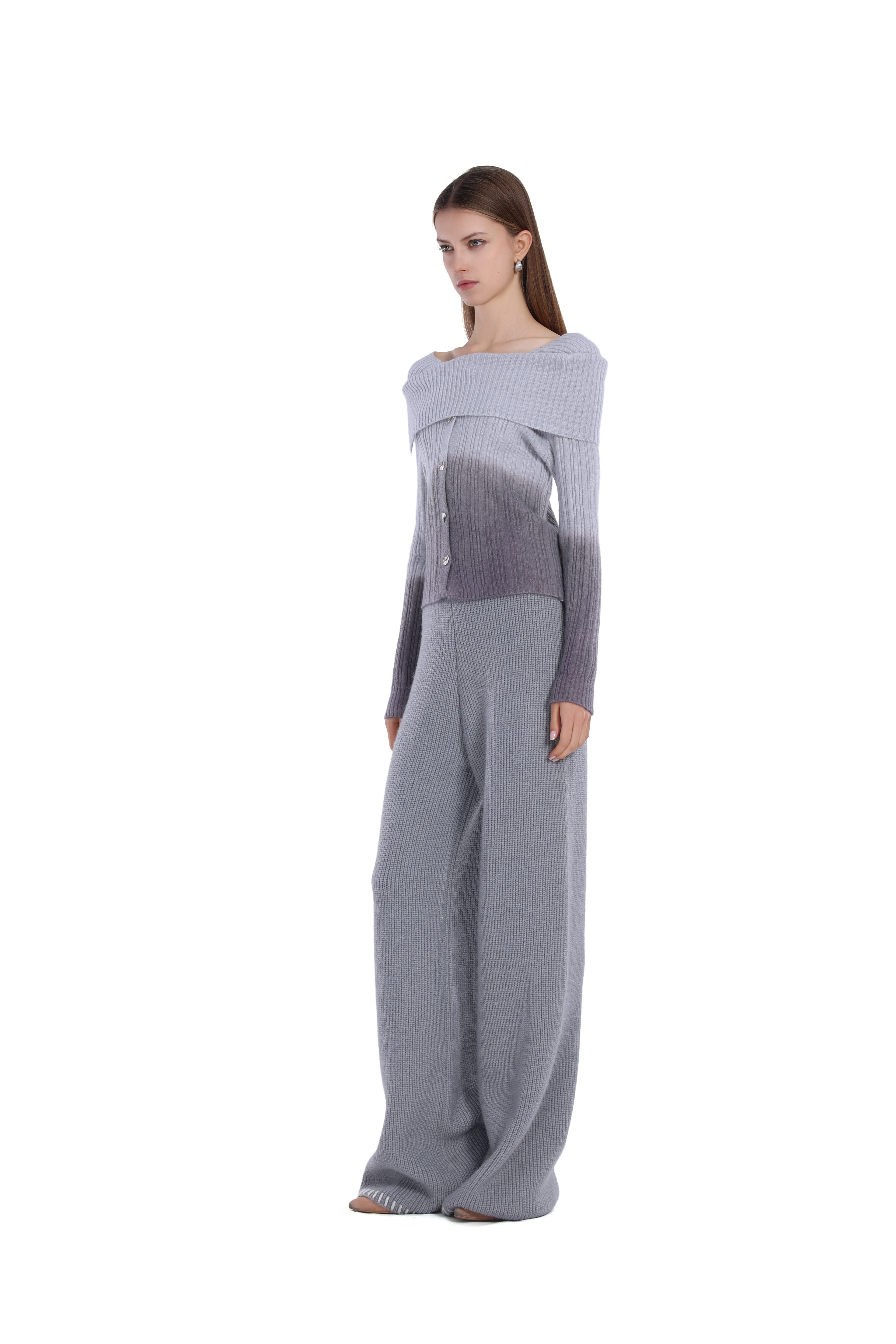 Off-shoulder Turn-down Collar Gradient Lunar Button Long-sleeve Top