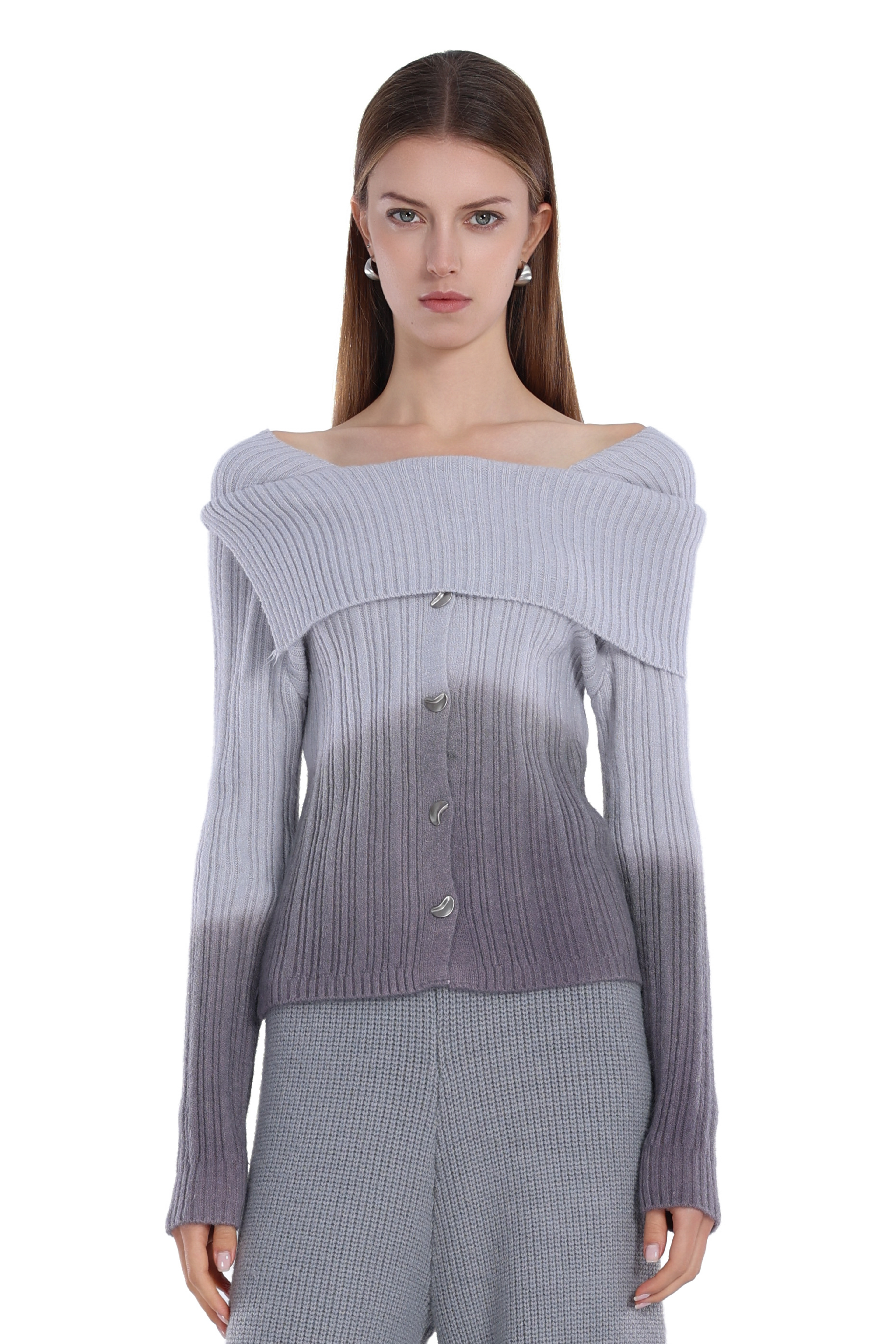 Off-shoulder Turn-down Collar Gradient Lunar Button Long-sleeve Top