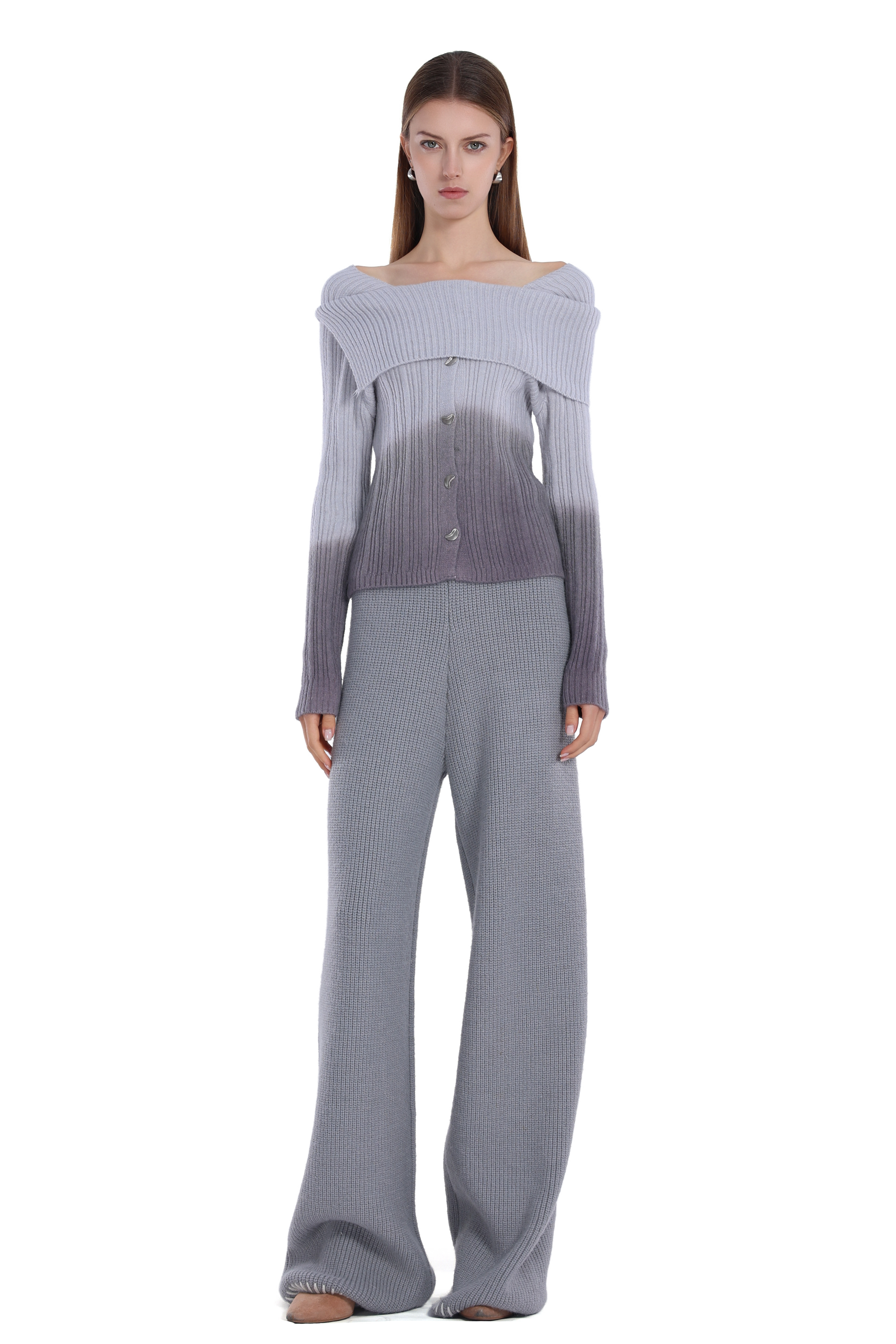 Off-shoulder Turn-down Collar Gradient Lunar Button Long-sleeve Top