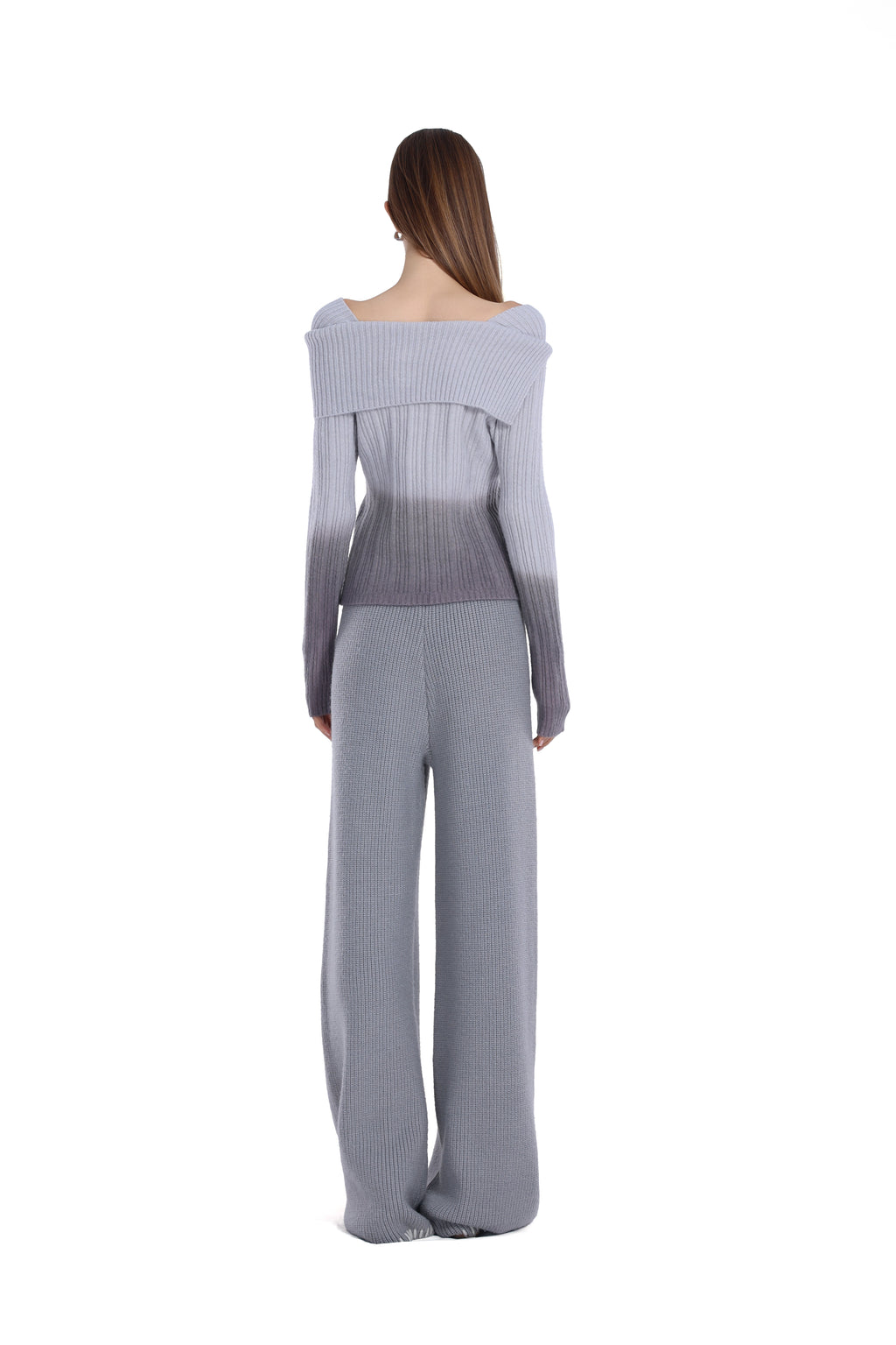 Off-shoulder Turn-down Collar Gradient Lunar Button Long-sleeve Top