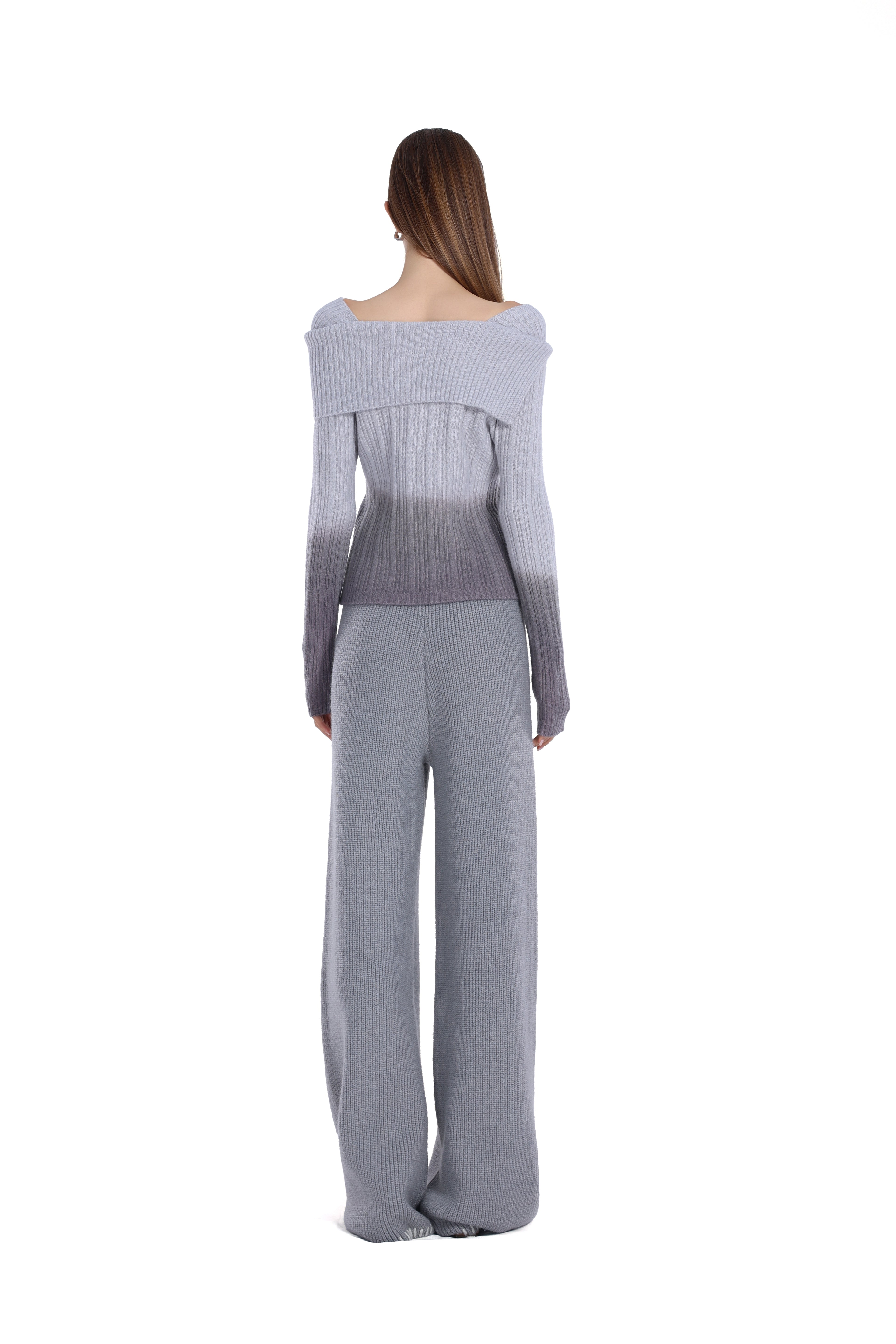 Off-shoulder Turn-down Collar Gradient Lunar Button Long-sleeve Top