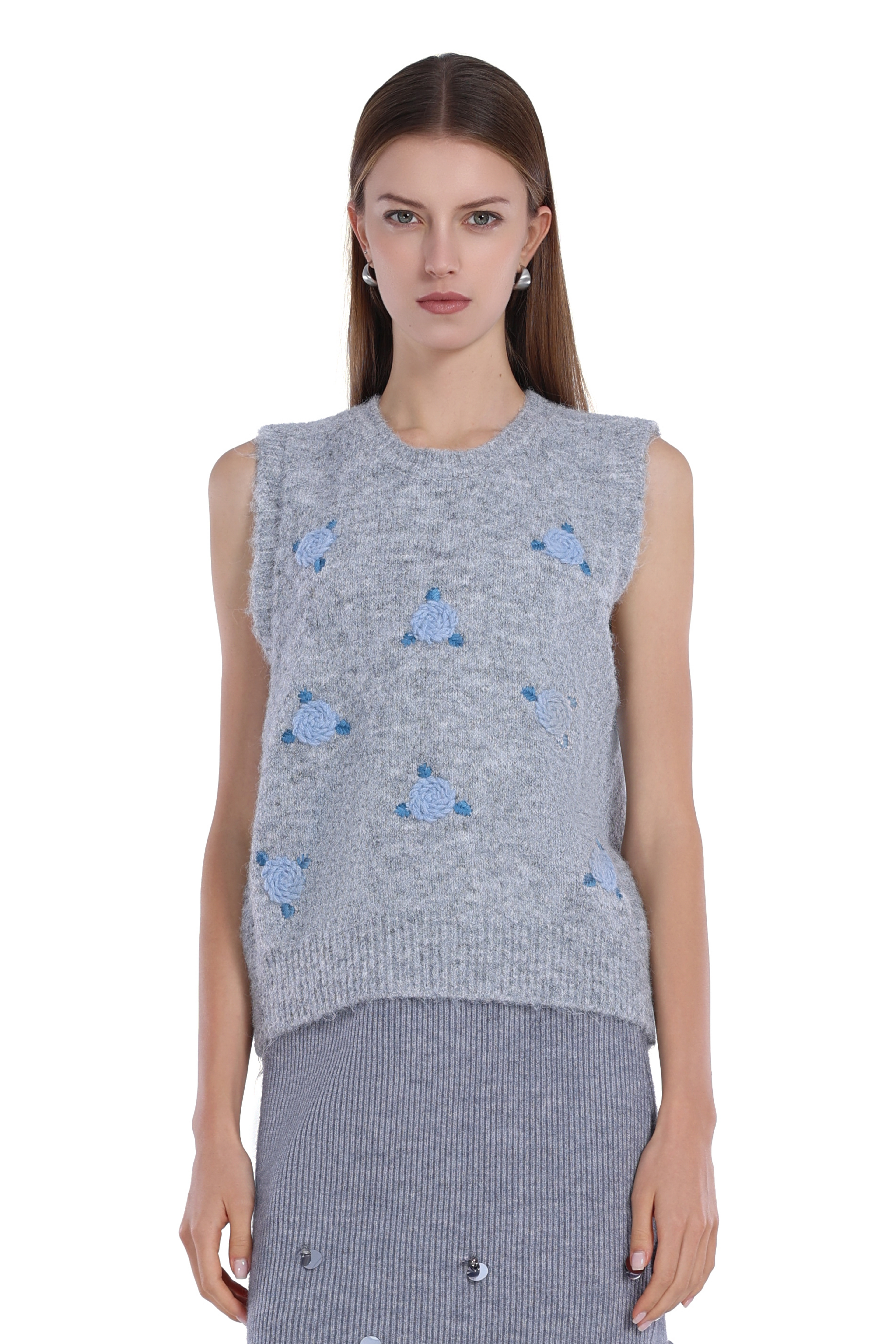 Crew-neck Sleeveless 3D Floral Embroidery Knitted Vest