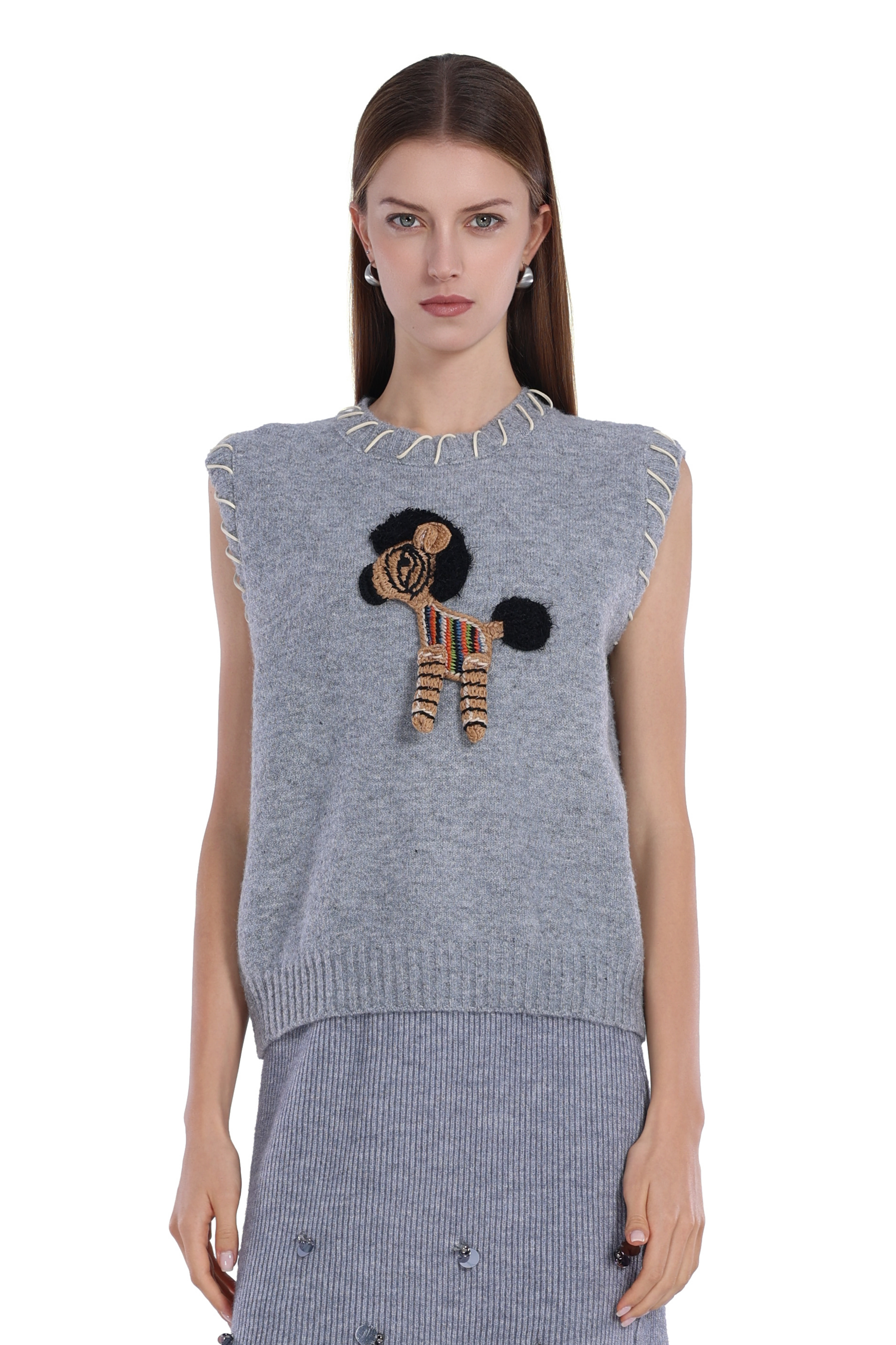 Crew-neck Sleeveless Stitching Detail 3D Pattern Knitted Vest