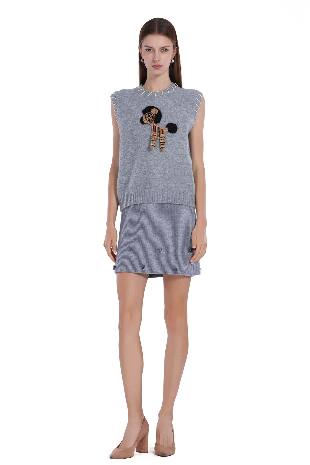 Crew-neck Sleeveless Stitching Detail 3D Pattern Knitted Vest