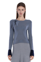 Bow Detail Contrast Cuffs Long-sleeve Crew-neck Top