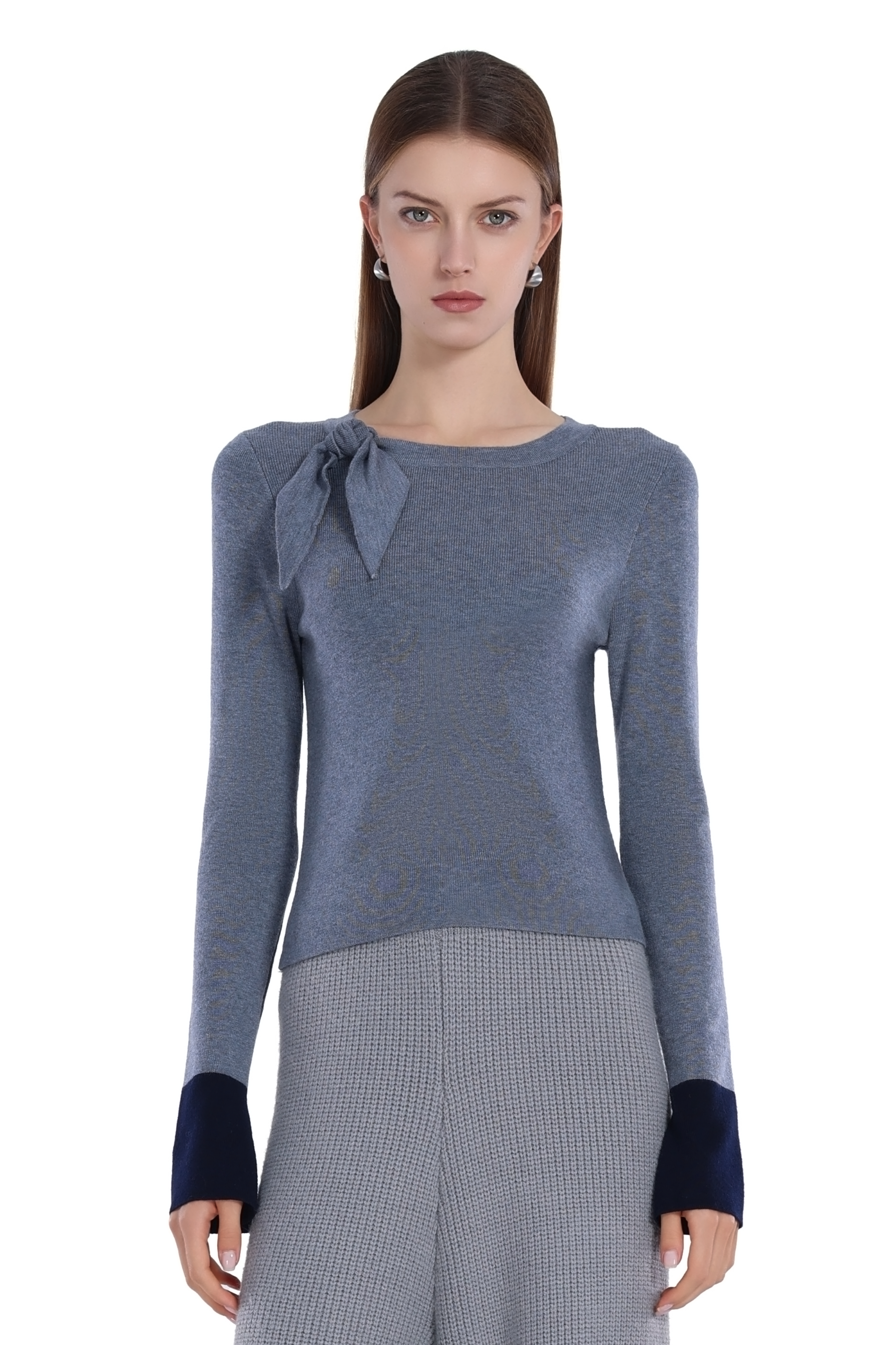 Bow Detail Contrast Cuffs Long-sleeve Crew-neck Top