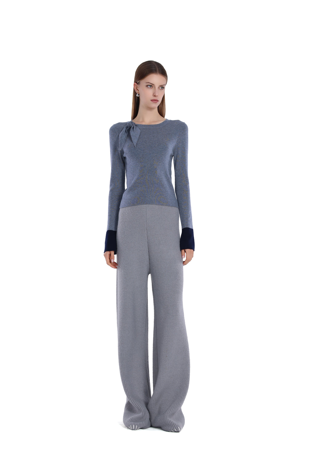 Bow Detail Contrast Cuffs Long-sleeve Crew-neck Top