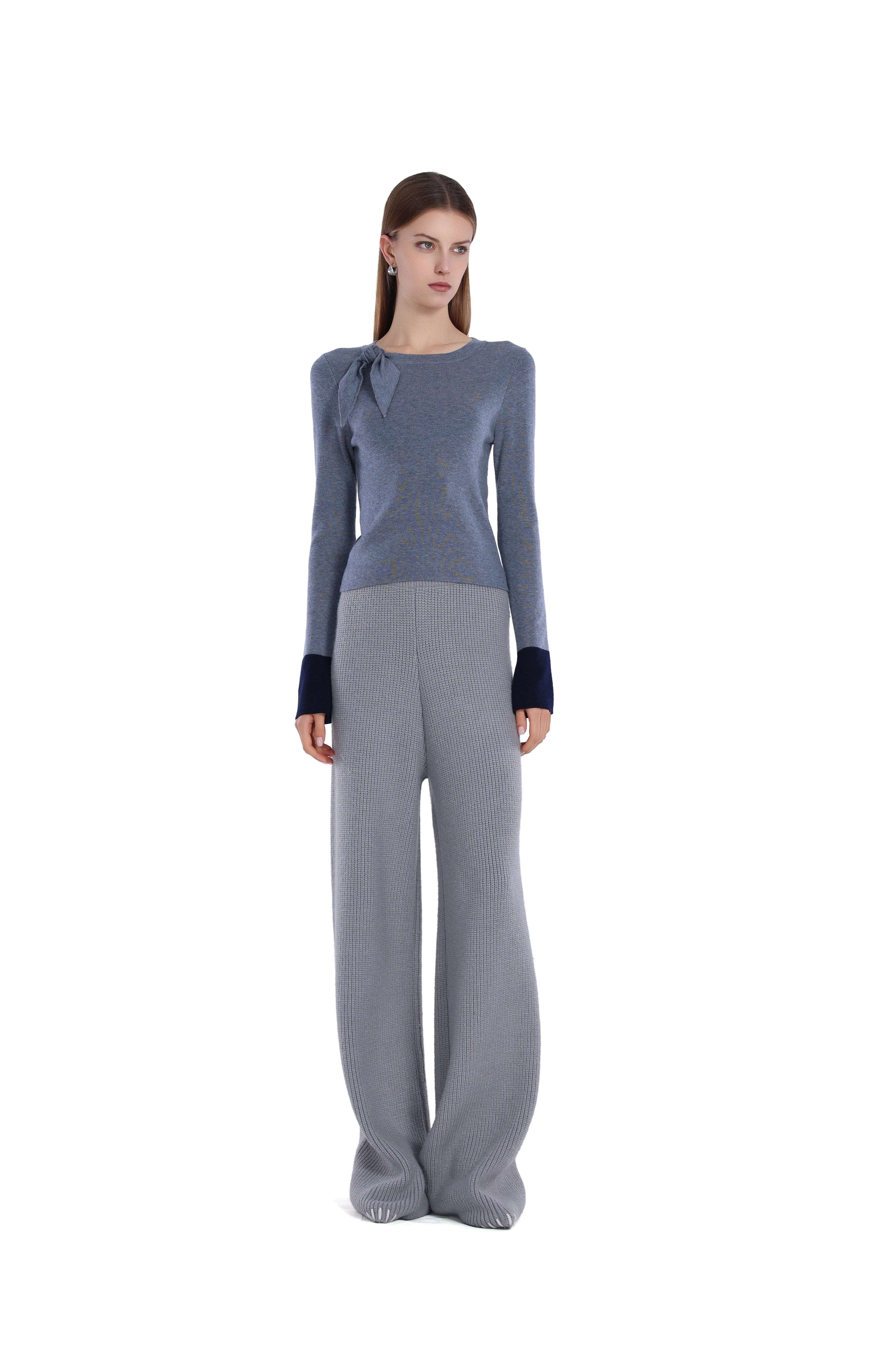 Bow Detail Contrast Cuffs Long-sleeve Crew-neck Top