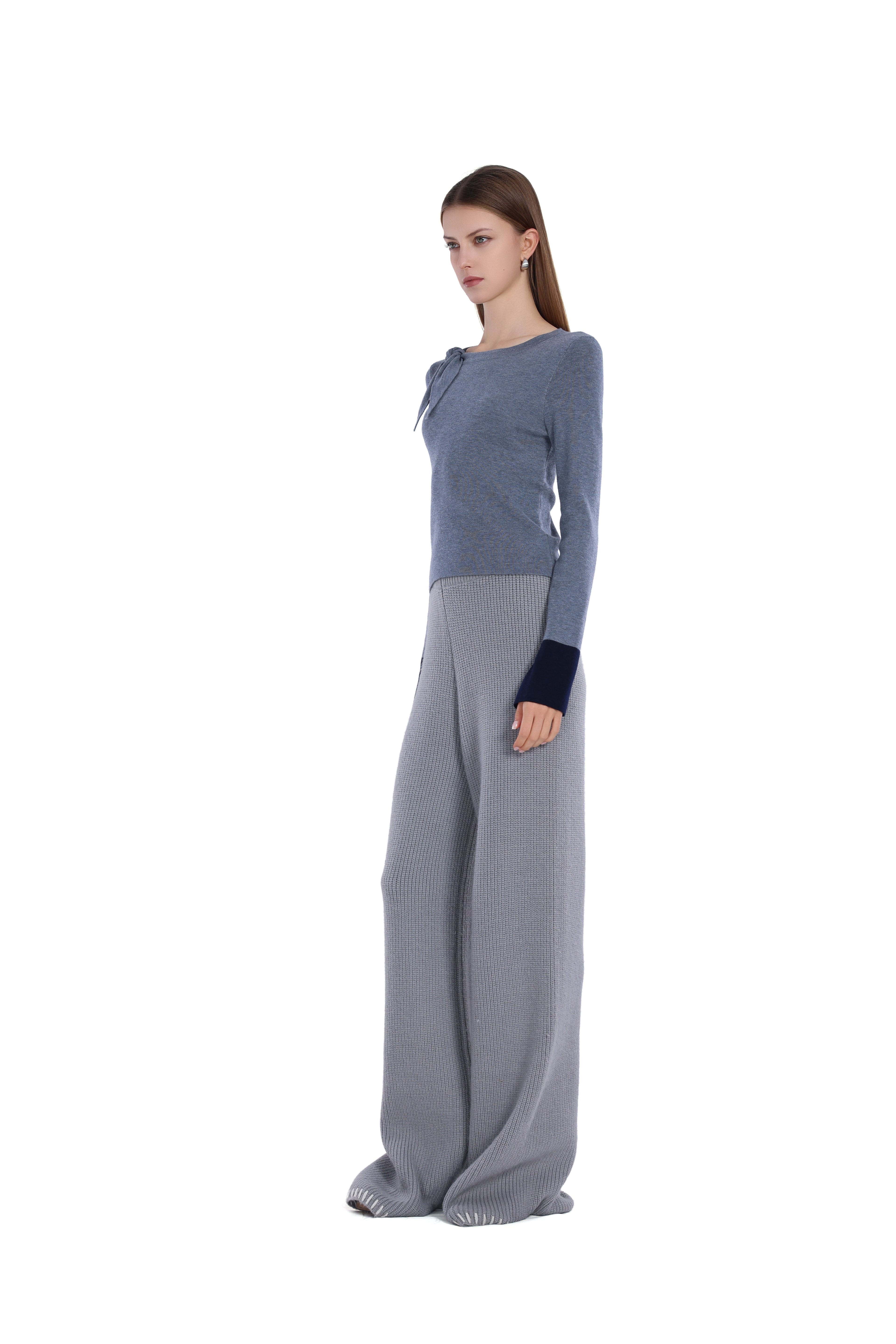Bow Detail Contrast Cuffs Long-sleeve Crew-neck Top