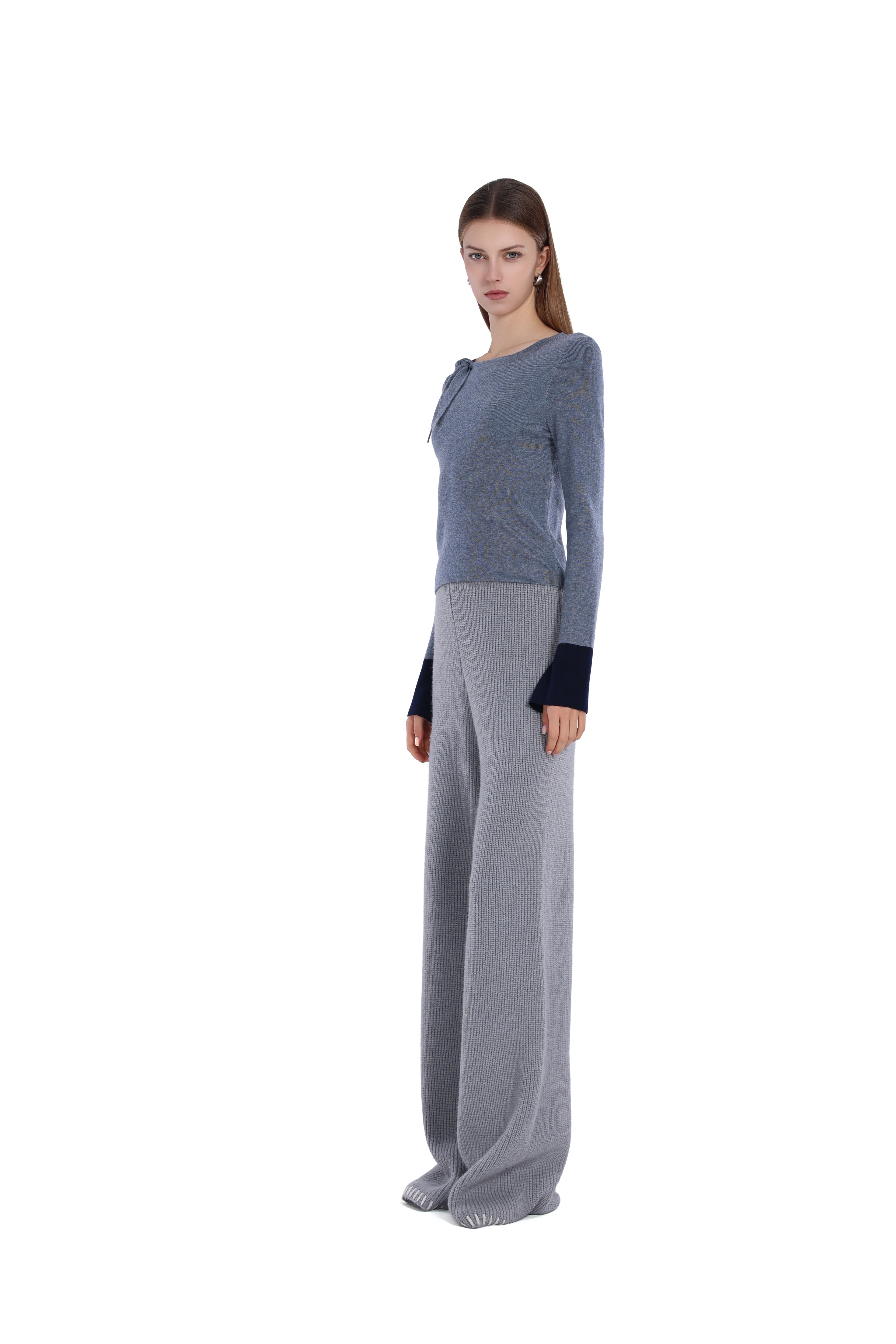 Bow Detail Contrast Cuffs Long-sleeve Crew-neck Top