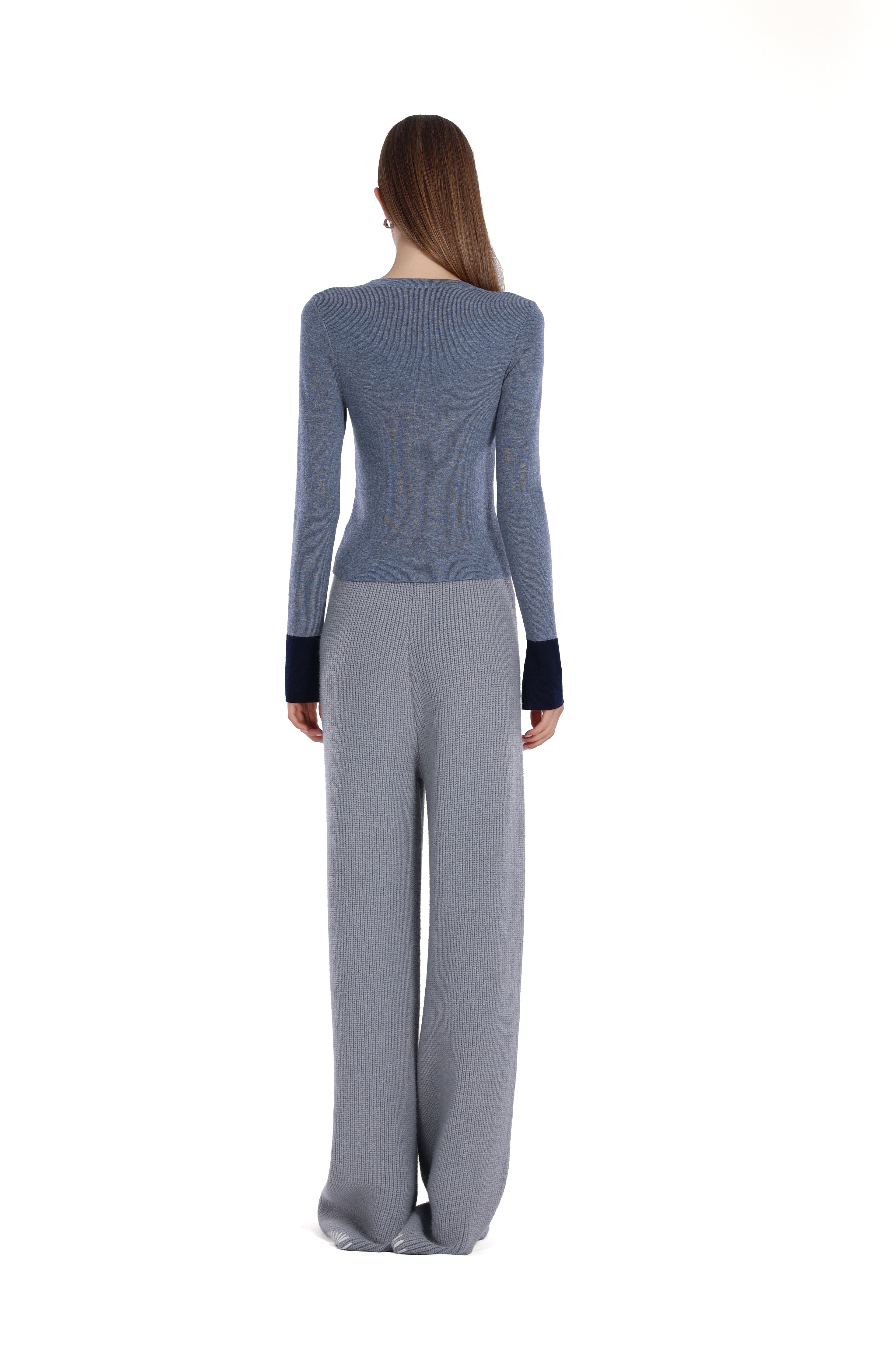 Bow Detail Contrast Cuffs Long-sleeve Crew-neck Top