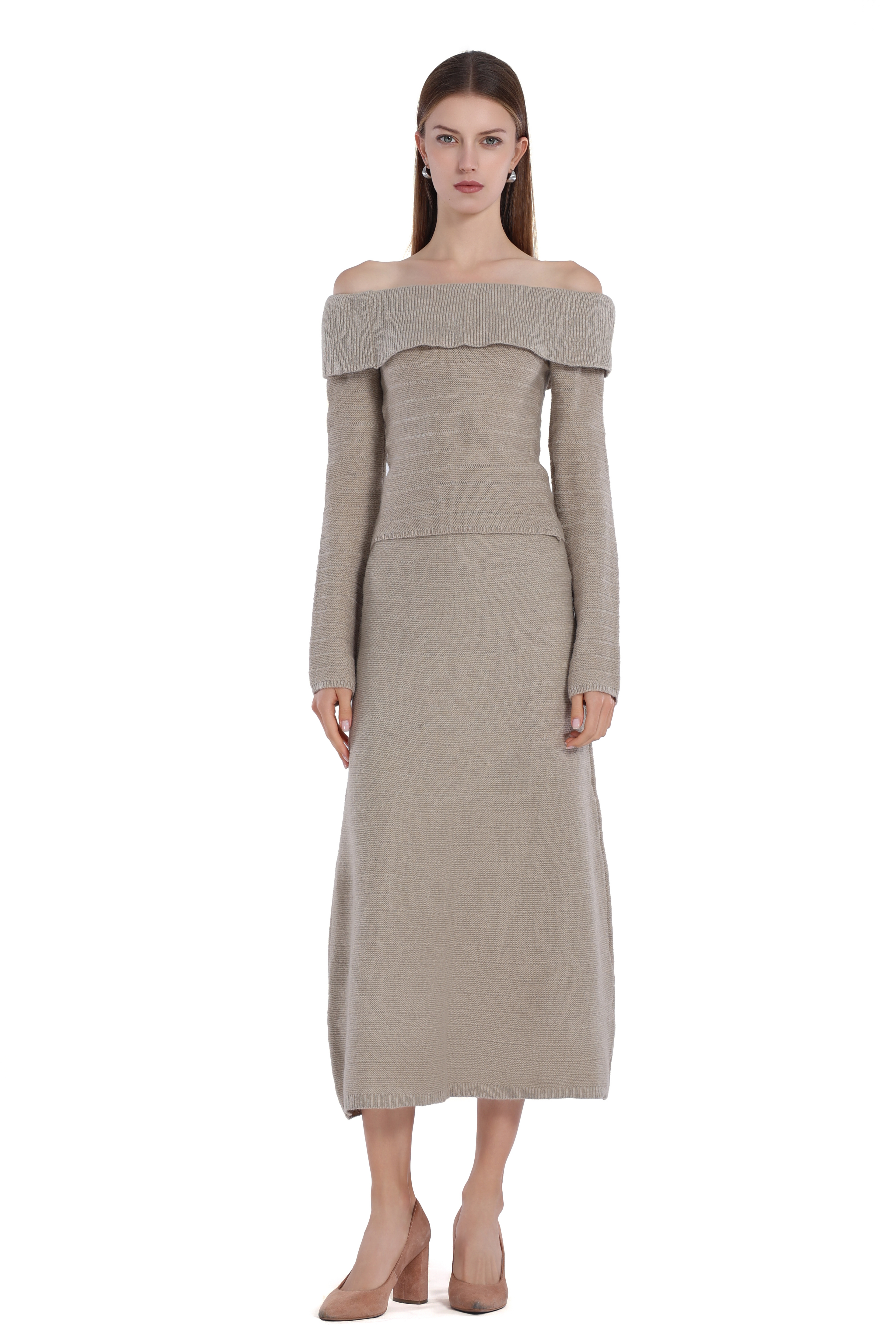 Off-Shoulder Long-sleeve Ruffle Detail Knitted Top & Skirt 2pics Suit